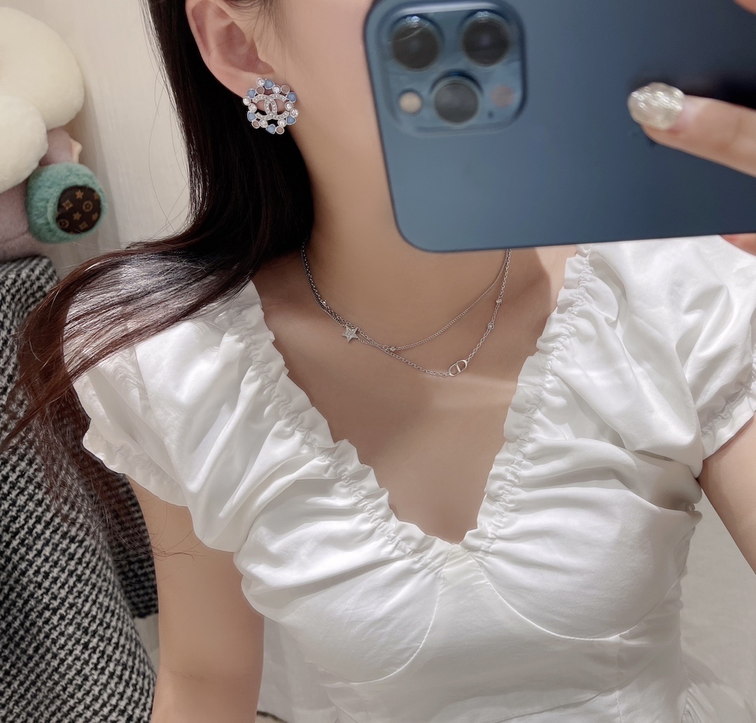 Elegant CC Logo Floral Stud Earrings with Blue & Pink Pastel Stones