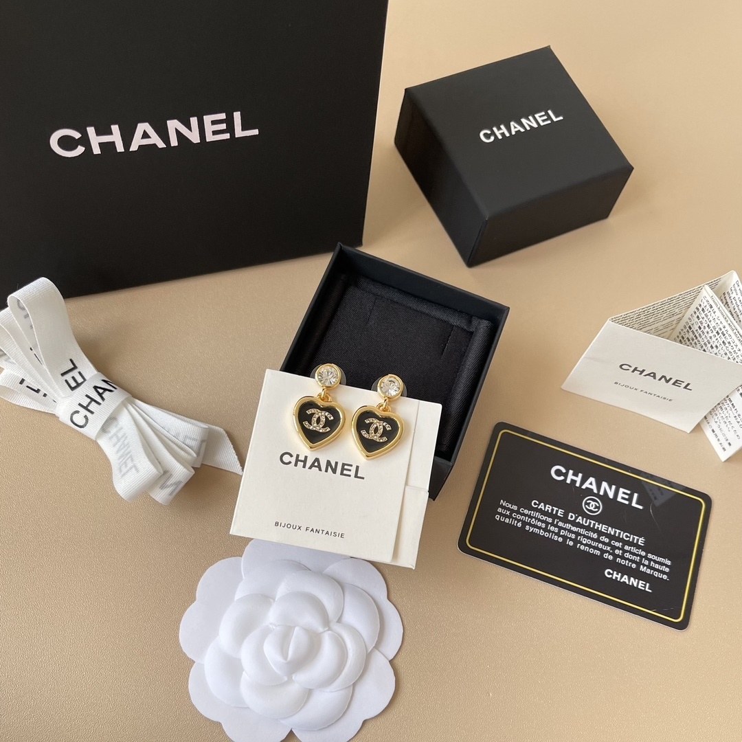 Chanel Black Enamel Heart Earrings with Crystal CC Logo & Gold Tone