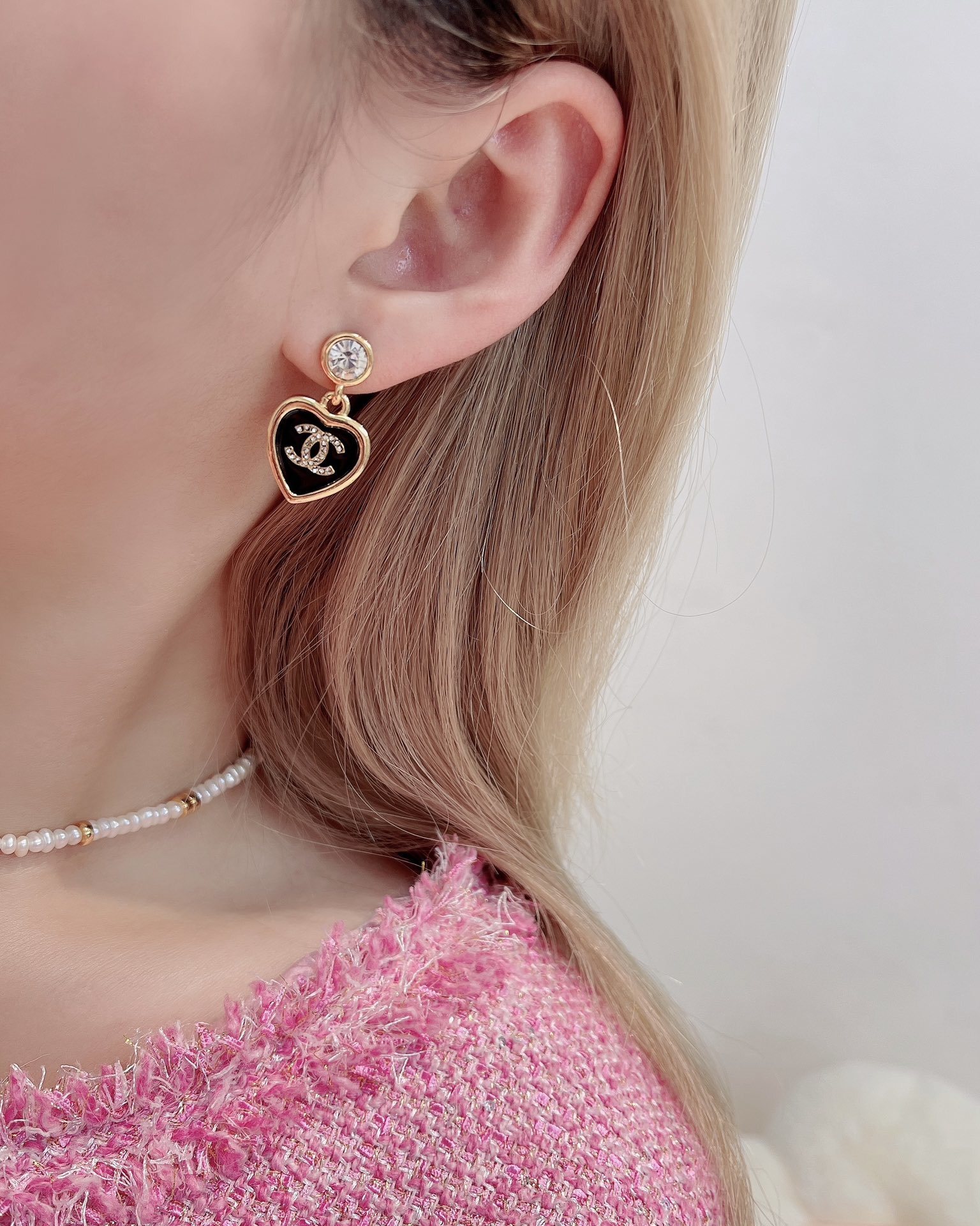 Chanel Black Enamel Heart Earrings with Crystal CC Logo & Gold Tone