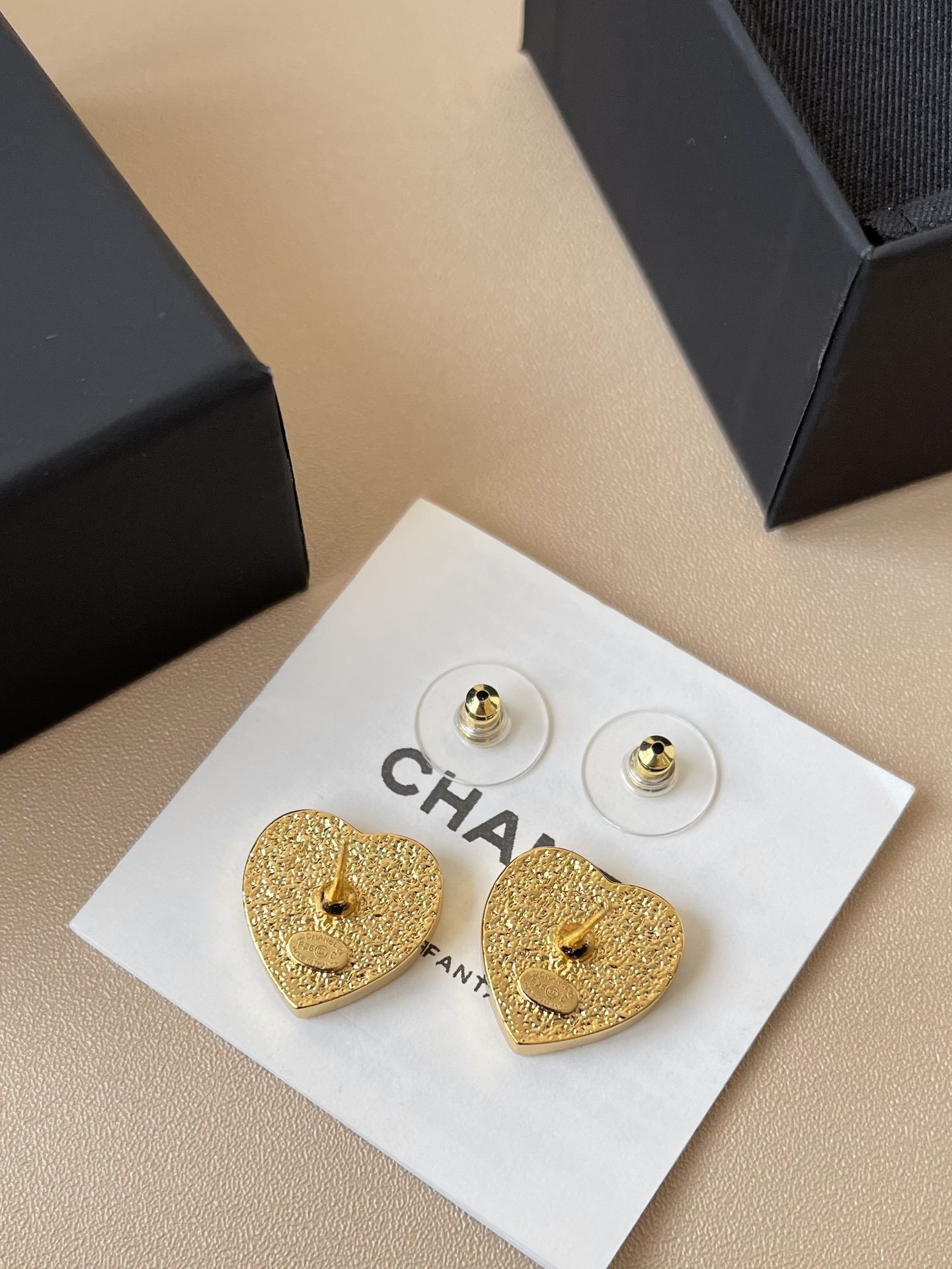 Luxury Chanel Heart Stud Earrings - Black Enamel & Gold CC Logo