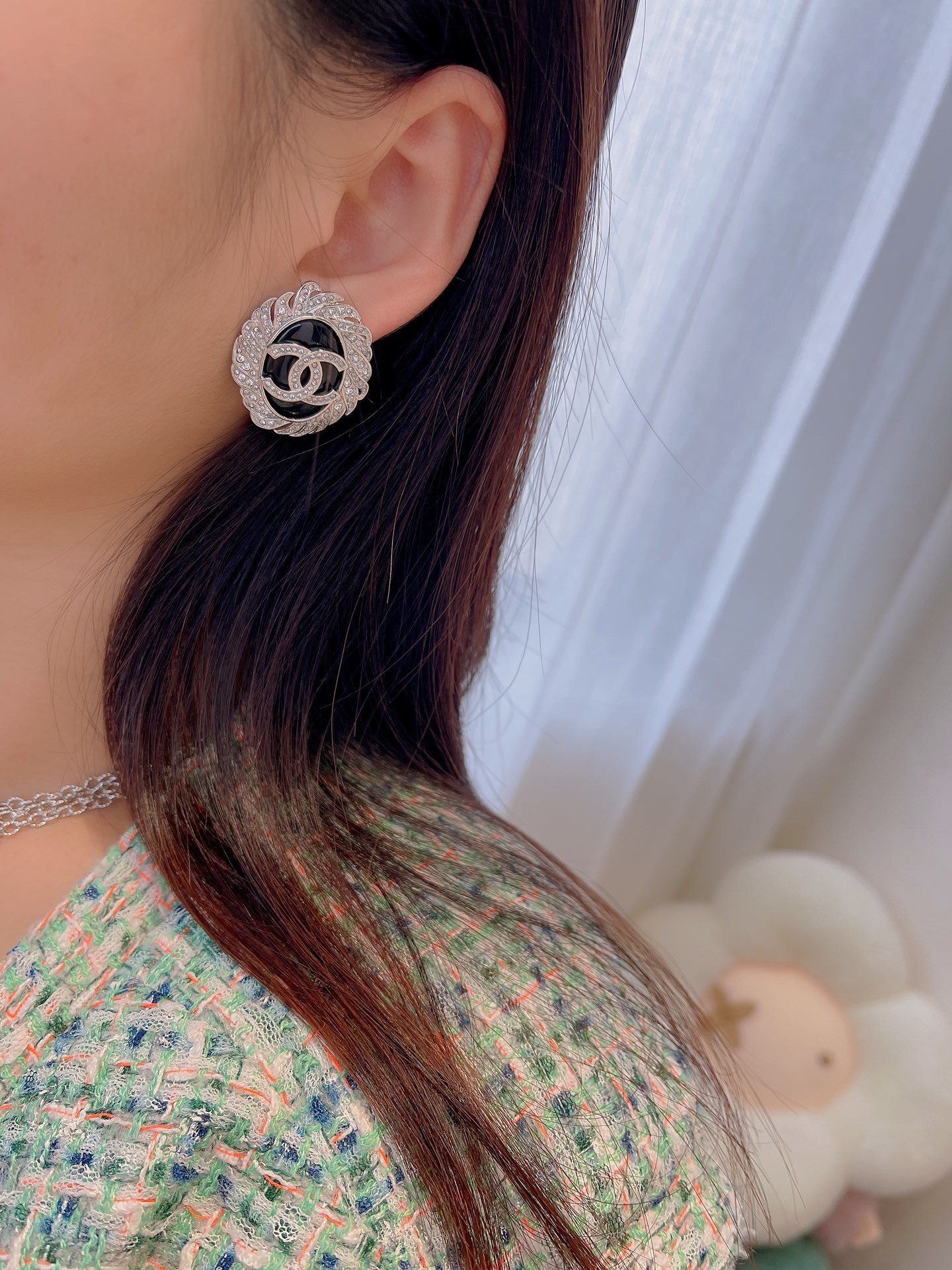 Elegant Black & Silver CC Crystal Statement Earrings for Women