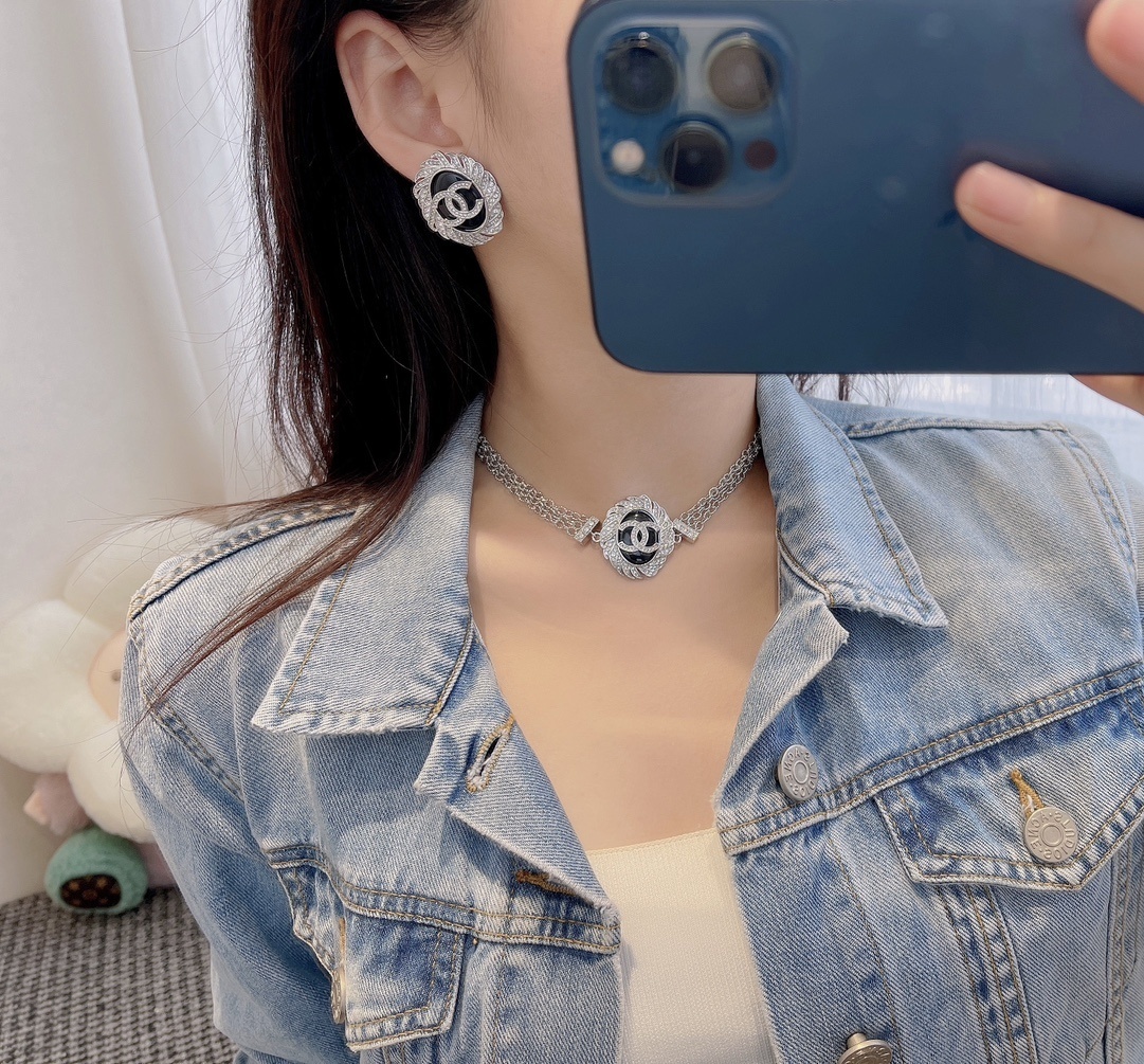 Elegant Black & Silver CC Crystal Statement Earrings for Women