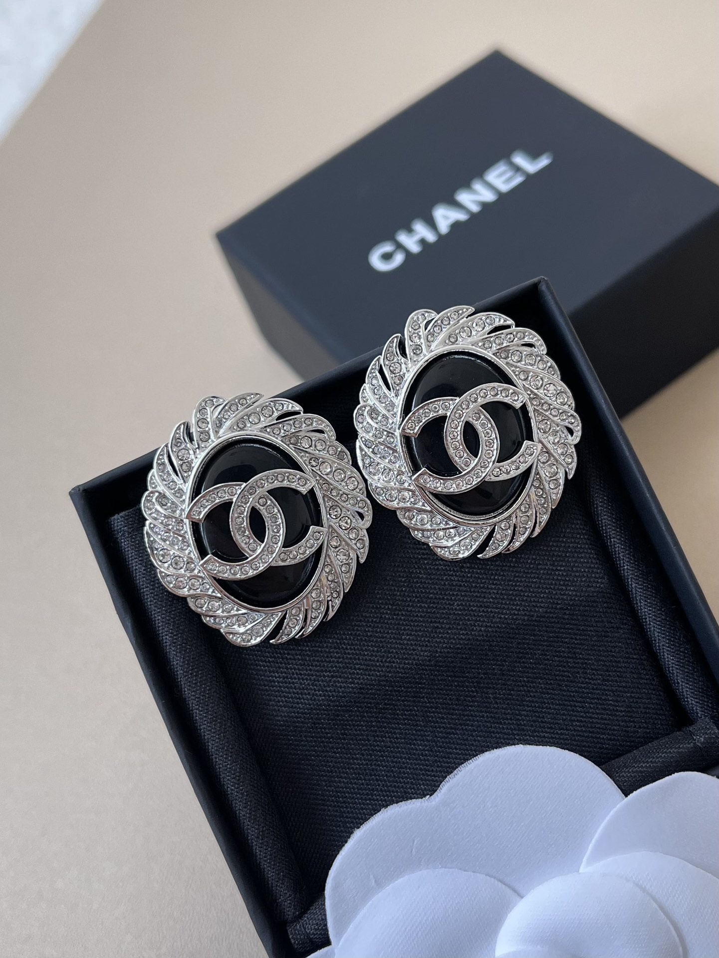 Elegant Black & Silver CC Crystal Statement Earrings for Women