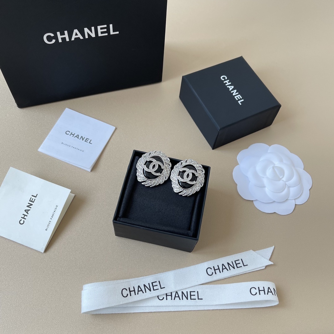 Elegant Black & Silver CC Crystal Statement Earrings for Women