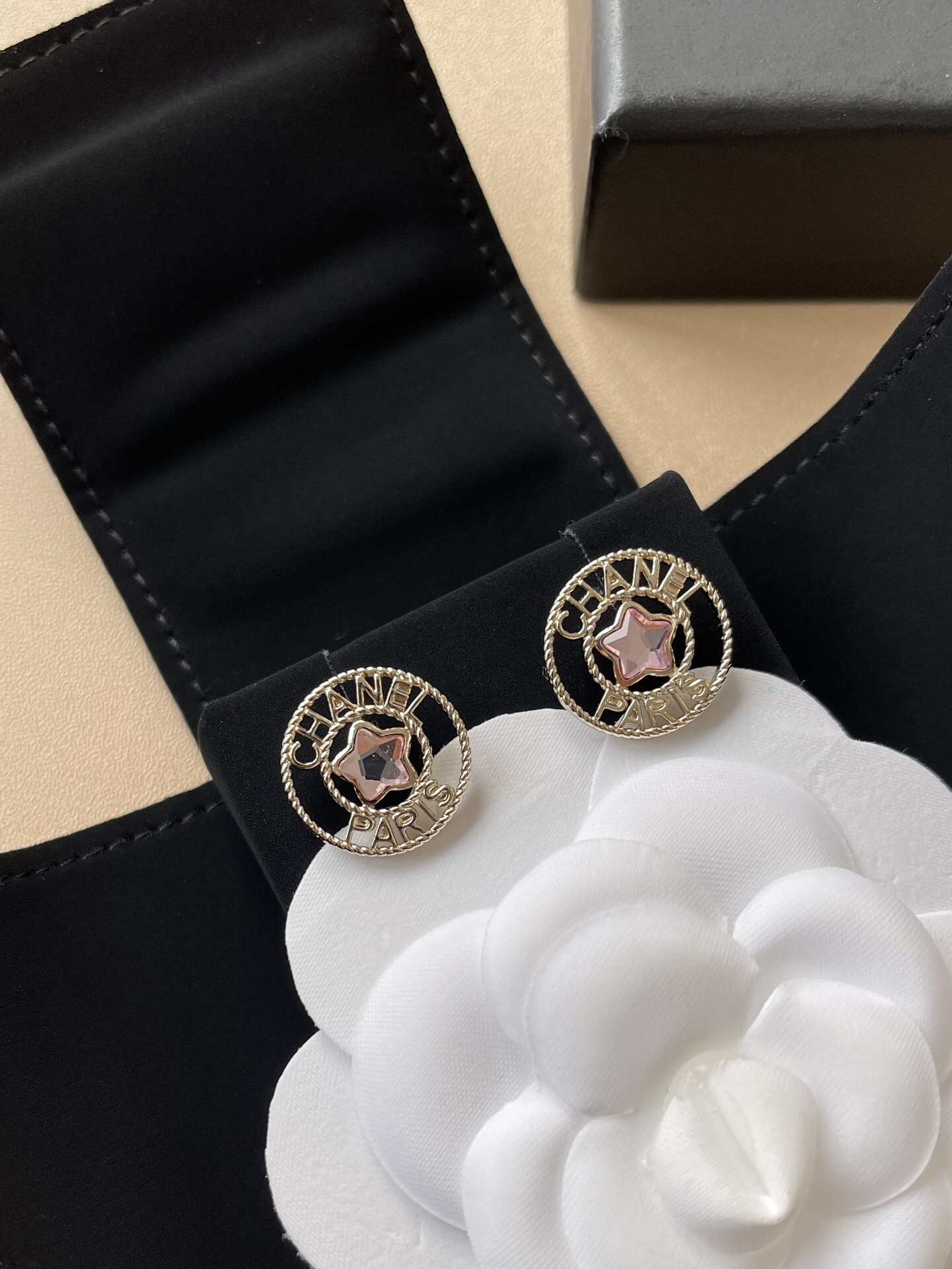 Luxury Gold-Tone Star Stud Earrings with Pink Crystal - Paris Style
