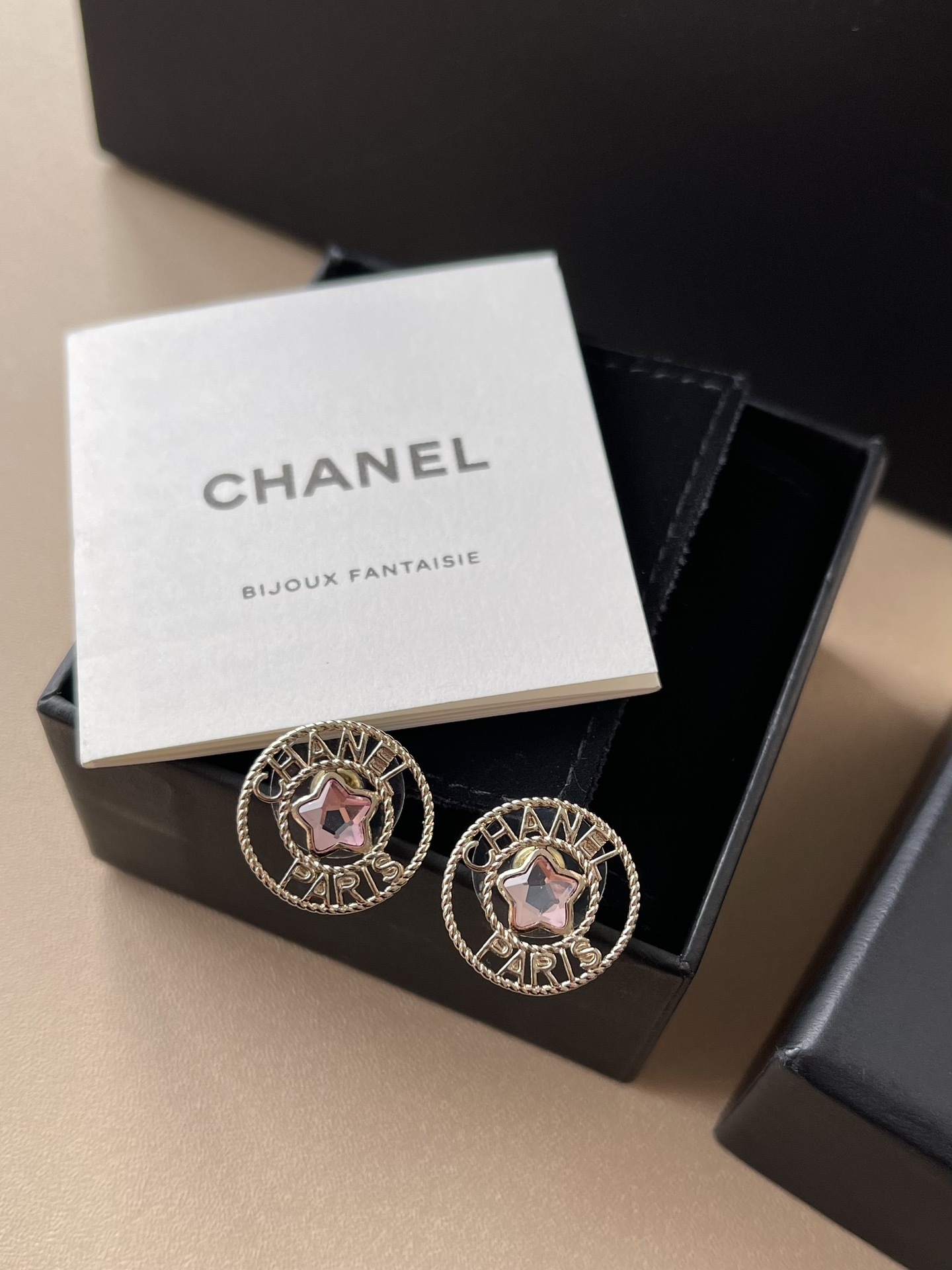 Luxury Gold-Tone Star Stud Earrings with Pink Crystal - Paris Style