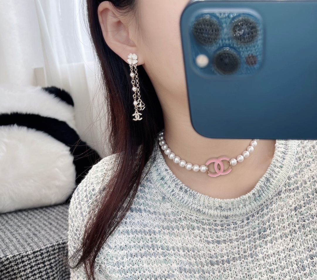 Chanel Camellia Pearl CC Logo Gold-Tone Drop Earrings