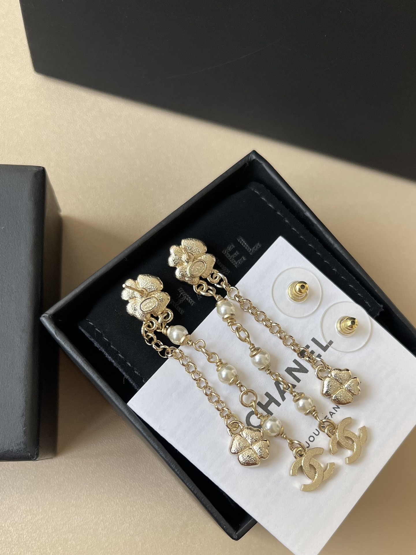 Chanel Camellia Pearl CC Logo Gold-Tone Drop Earrings