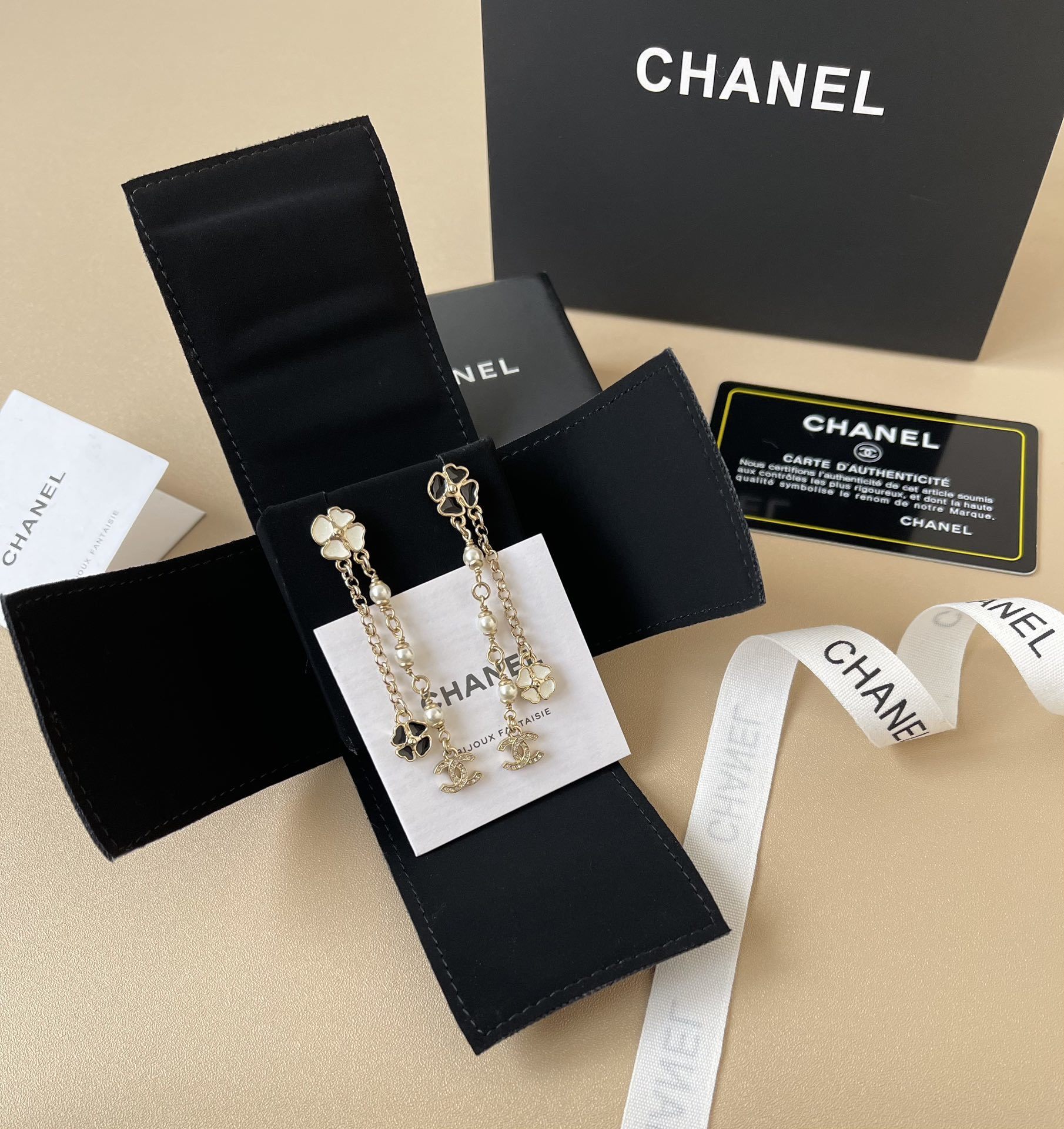 Chanel Camellia Pearl CC Logo Gold-Tone Drop Earrings