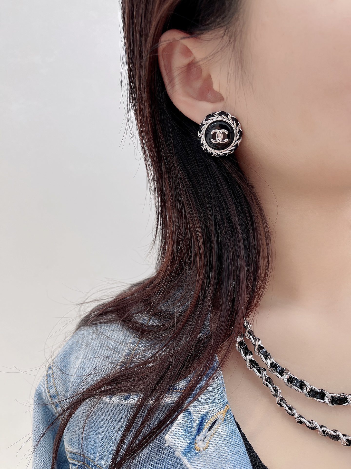 Chanel CC Logo Button Clip-On Earrings - Denim & Black Resin