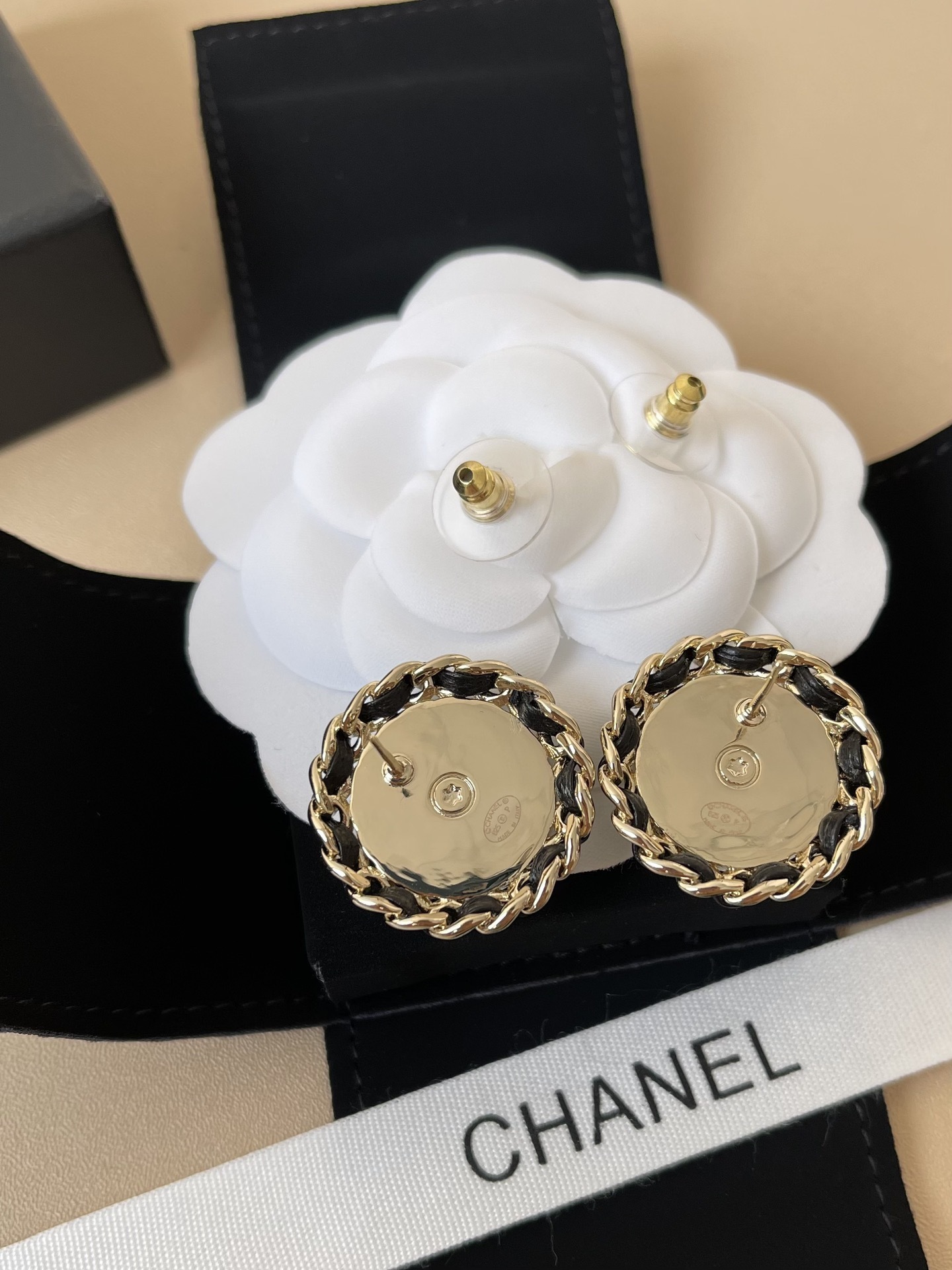 Chanel CC Logo Button Clip-On Earrings - Denim & Black Resin