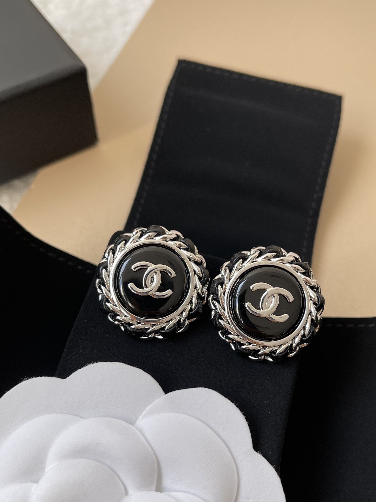 Chanel CC Logo Button Clip-On Earrings - Denim & Black Resin