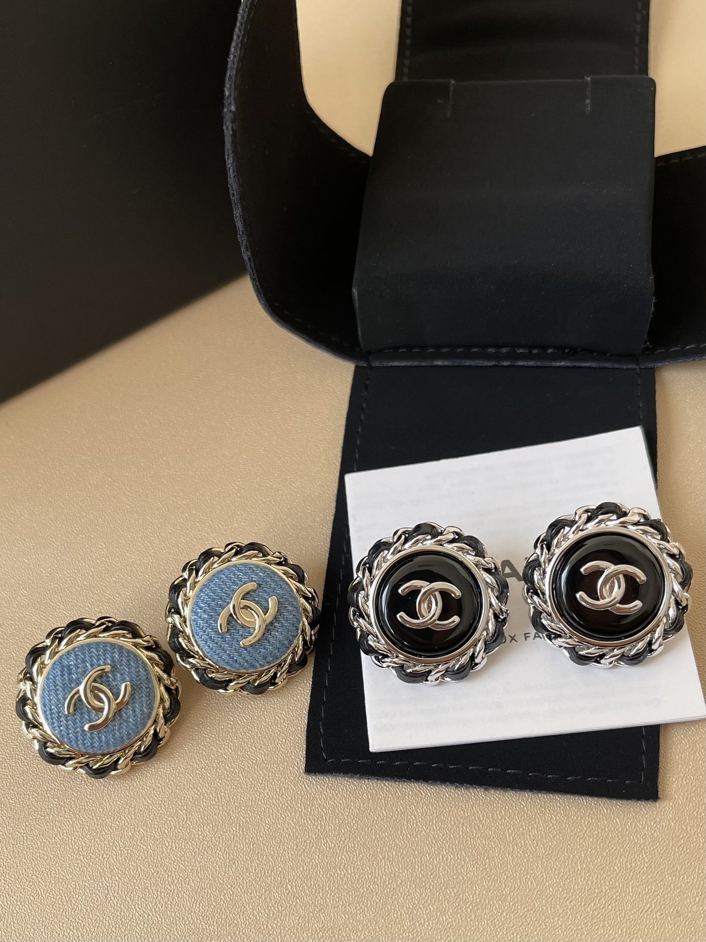 Chanel CC Logo Button Clip-On Earrings - Denim & Black Resin