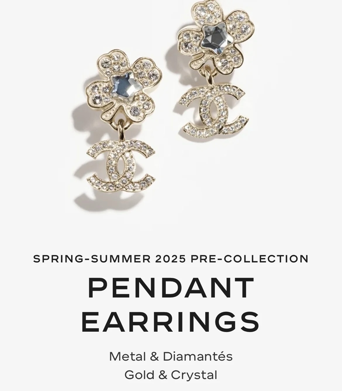 Chanel SS2025 CC Logo Pendant Earrings – Gold & Crystal Flower Design