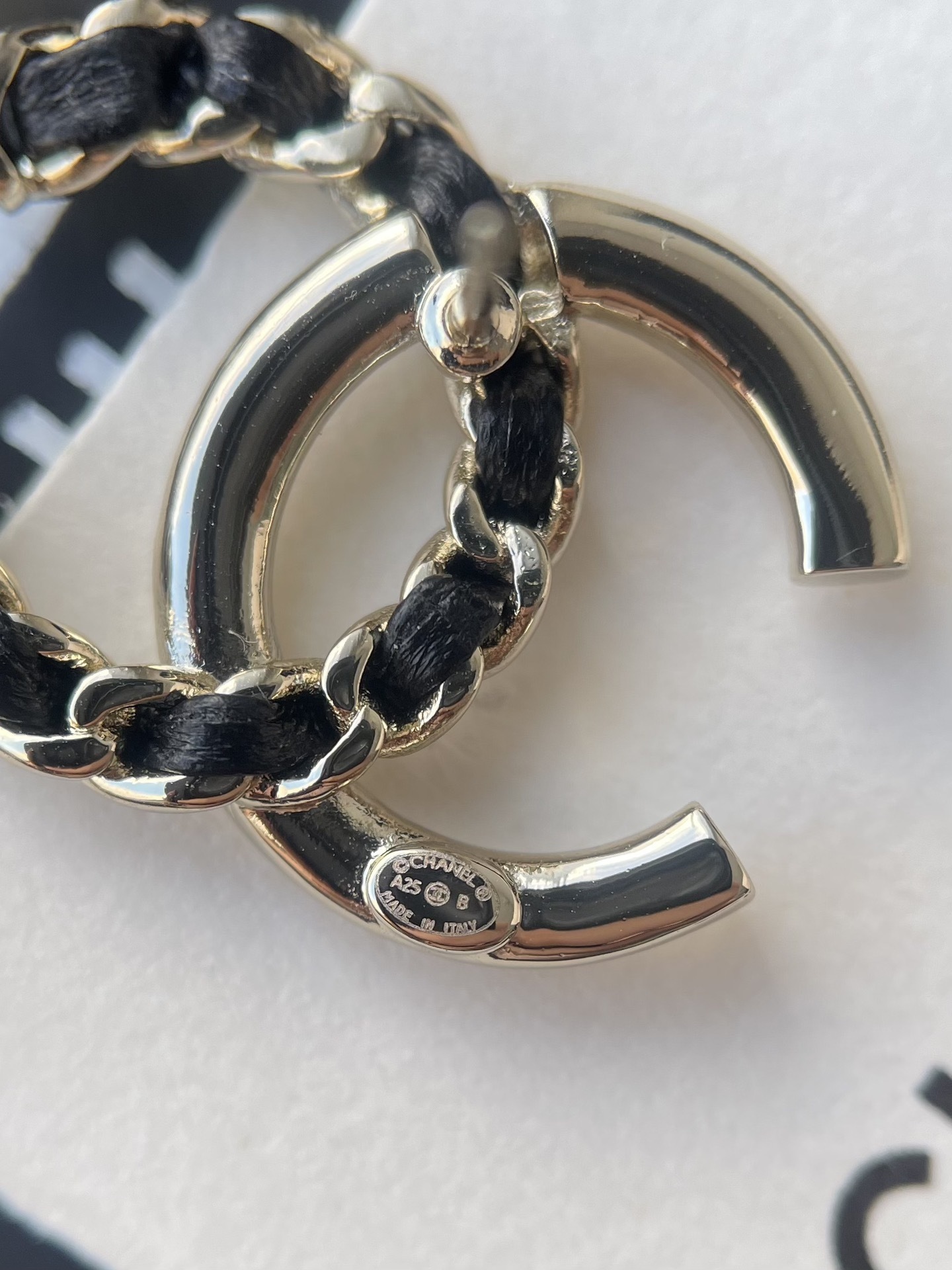 Elegant Gold CC Stud Earrings with Crystal Accents & Black Leather