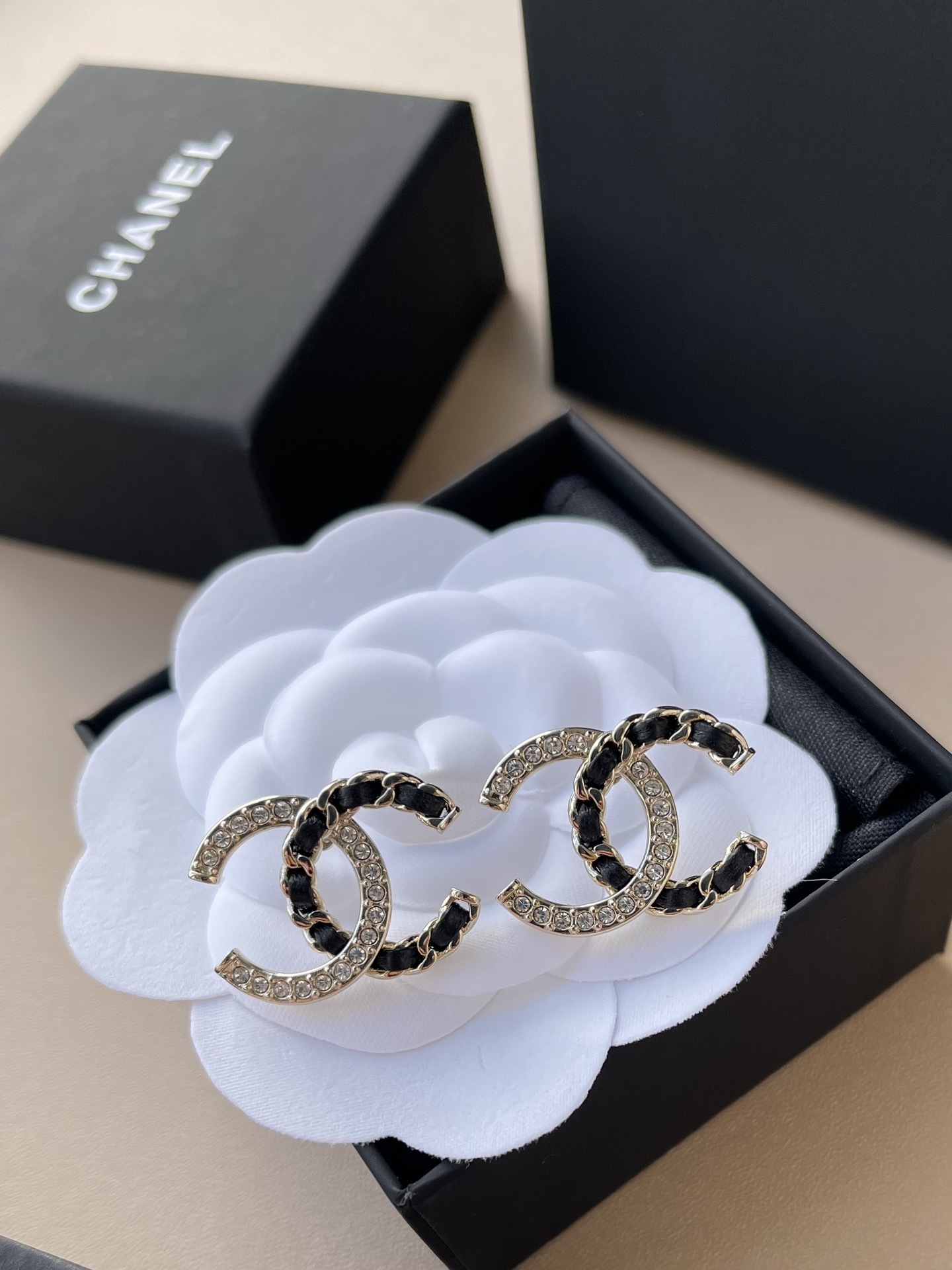 Elegant Gold CC Stud Earrings with Crystal Accents & Black Leather