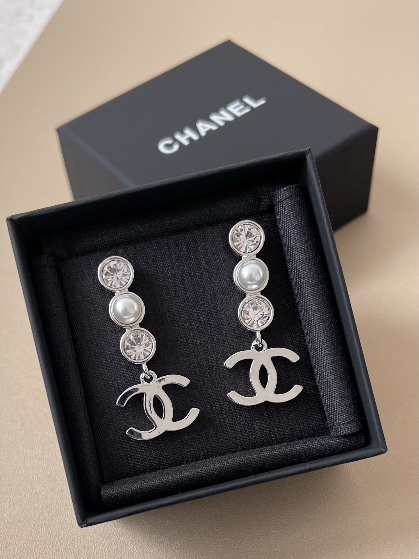 Luxury Chanel CC Drop Earrings with Crystal & Pearl Accents