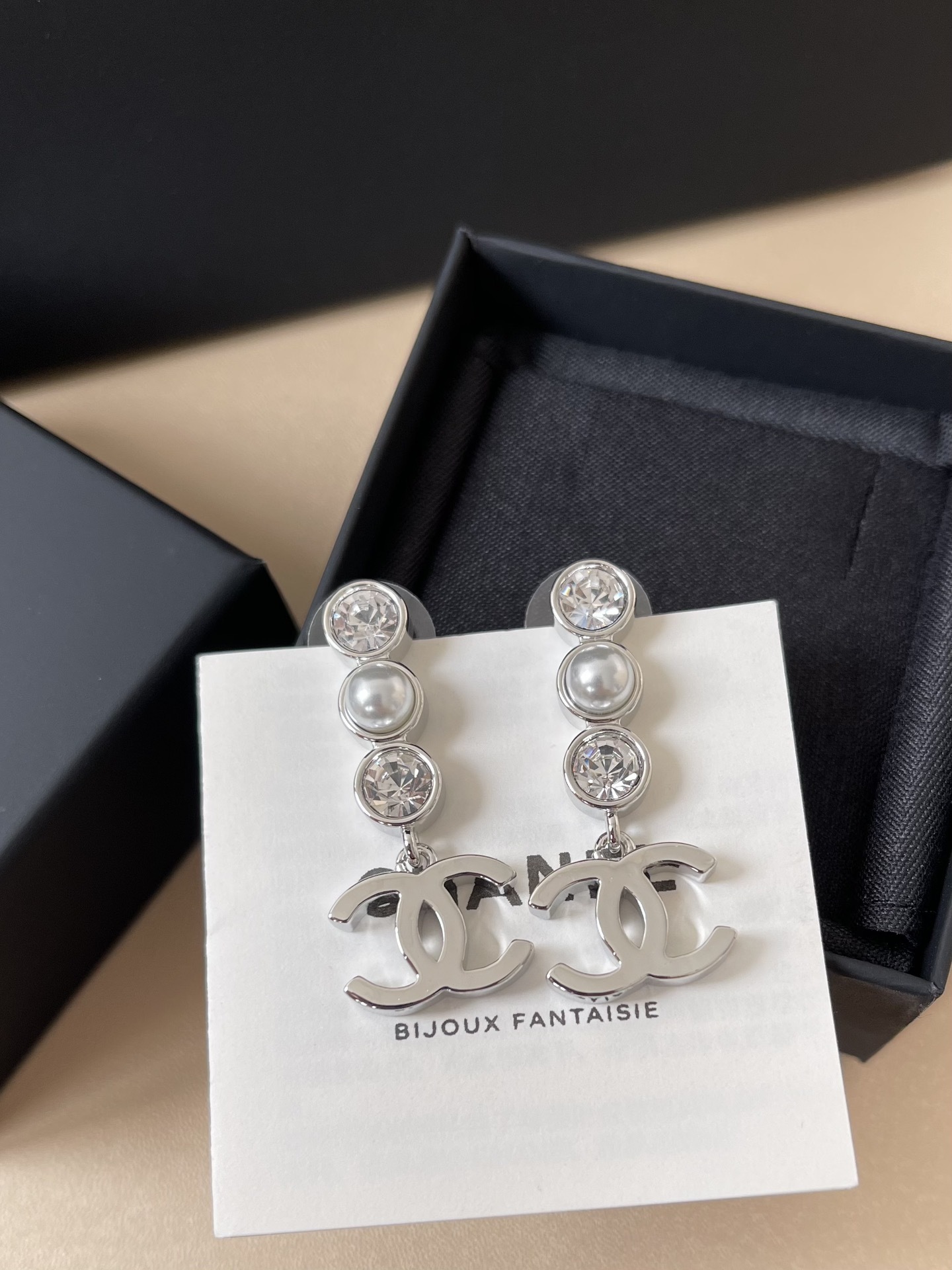 Luxury Chanel CC Drop Earrings with Crystal & Pearl Accents