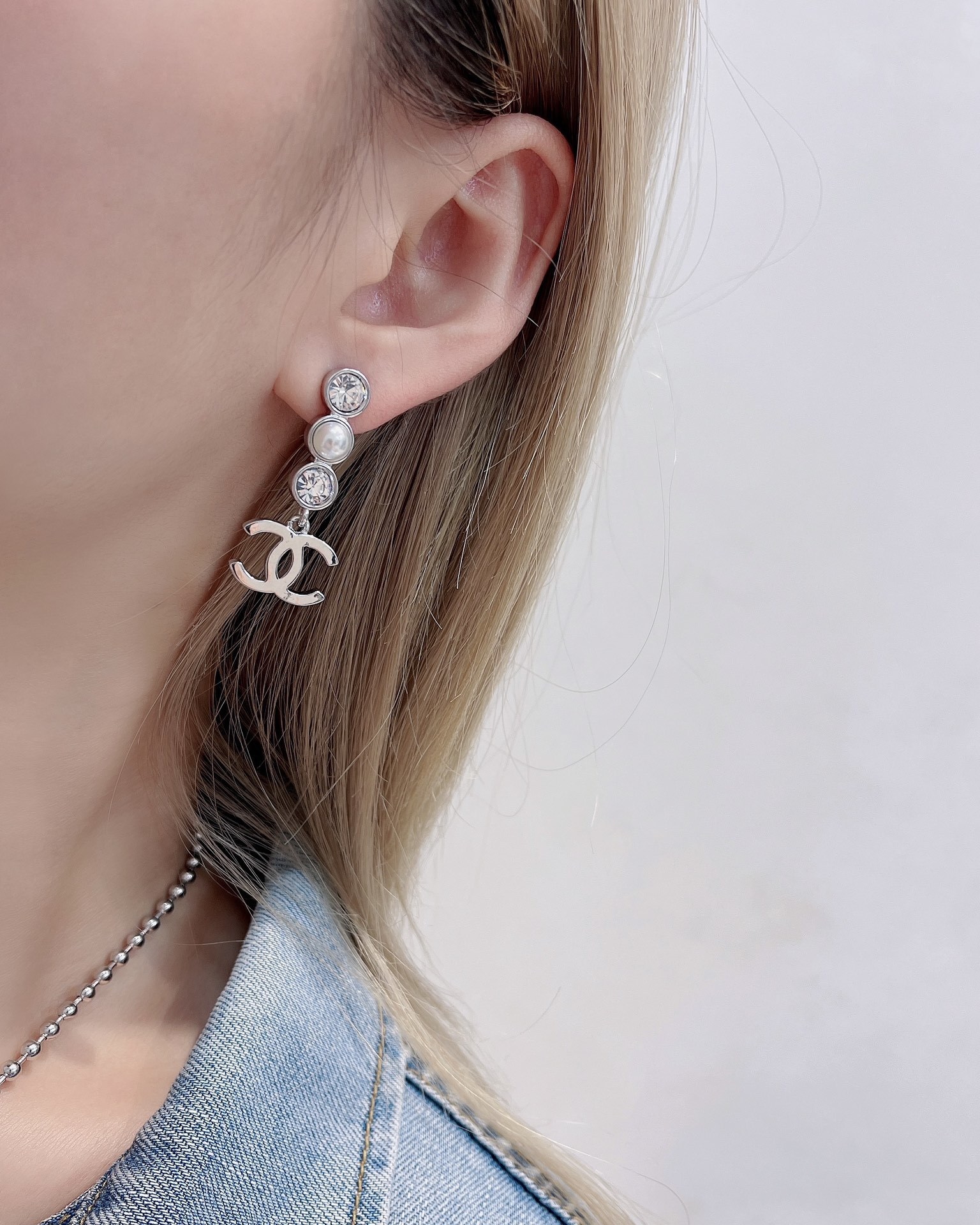 Luxury Chanel CC Drop Earrings with Crystal & Pearl Accents