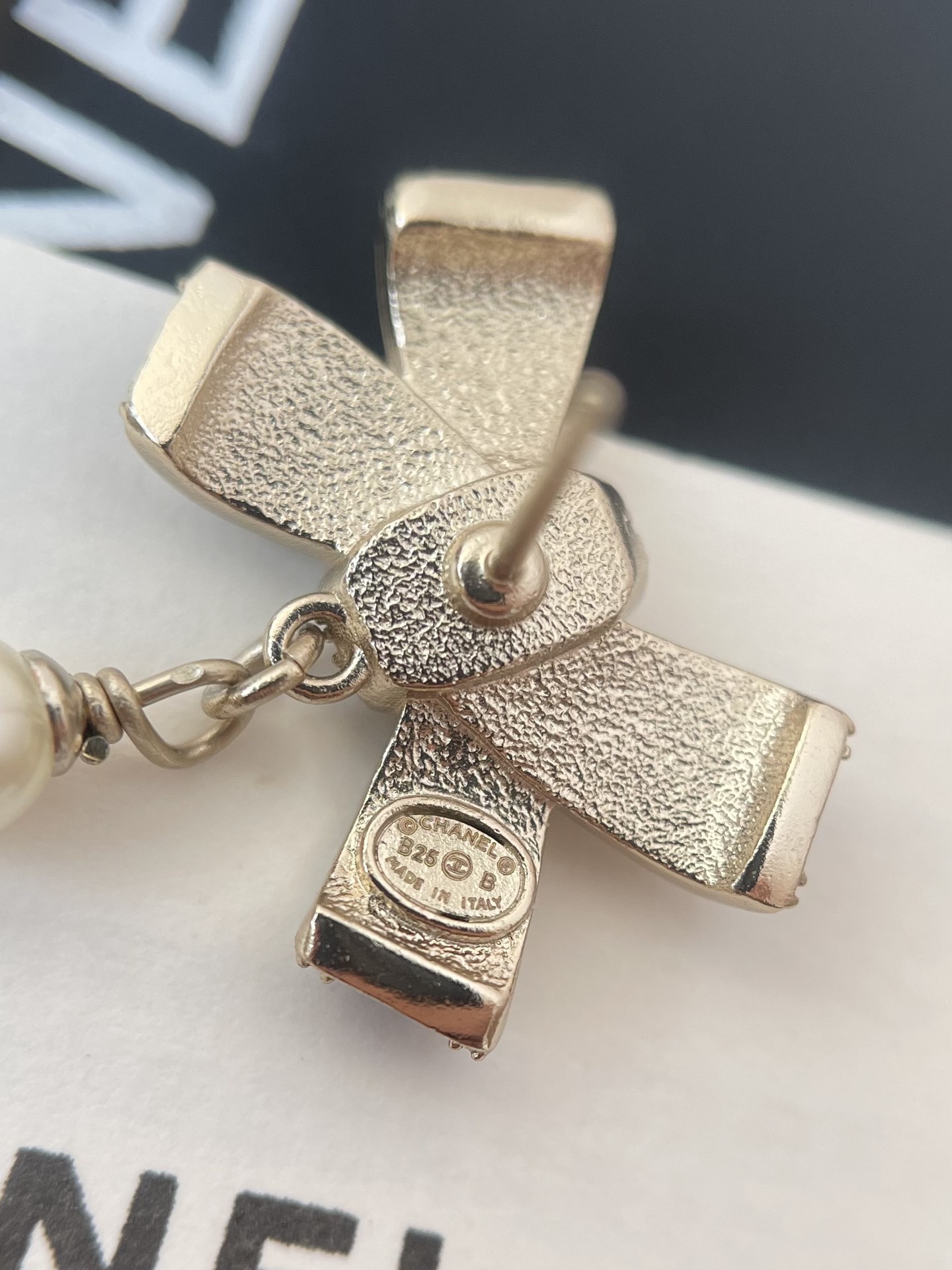 Chanel Black Enamel Bow Earrings with Crystal and Pearl Drop