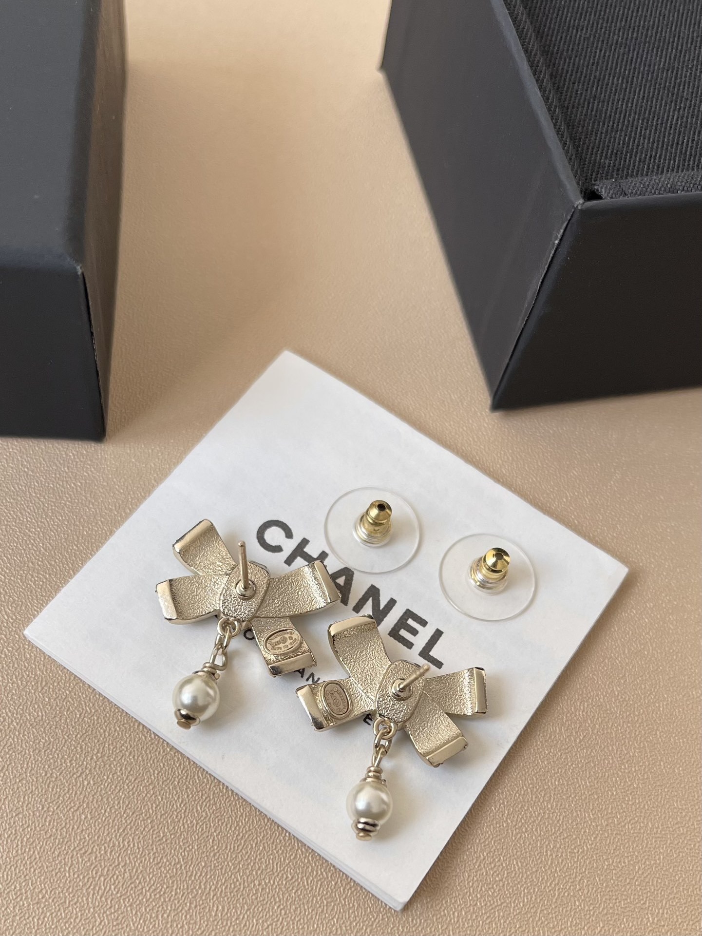 Chanel Black Enamel Bow Earrings with Crystal and Pearl Drop