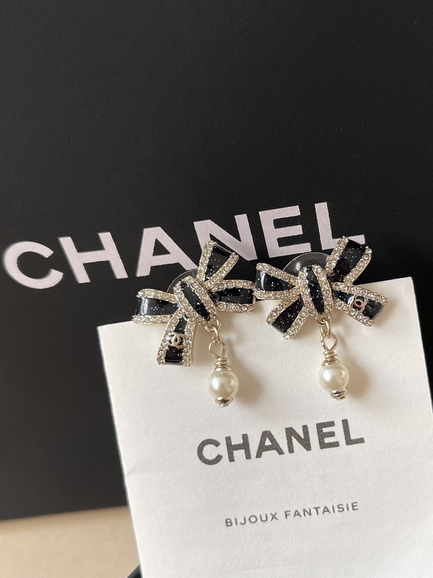 Chanel Black Enamel Bow Earrings with Crystal and Pearl Drop