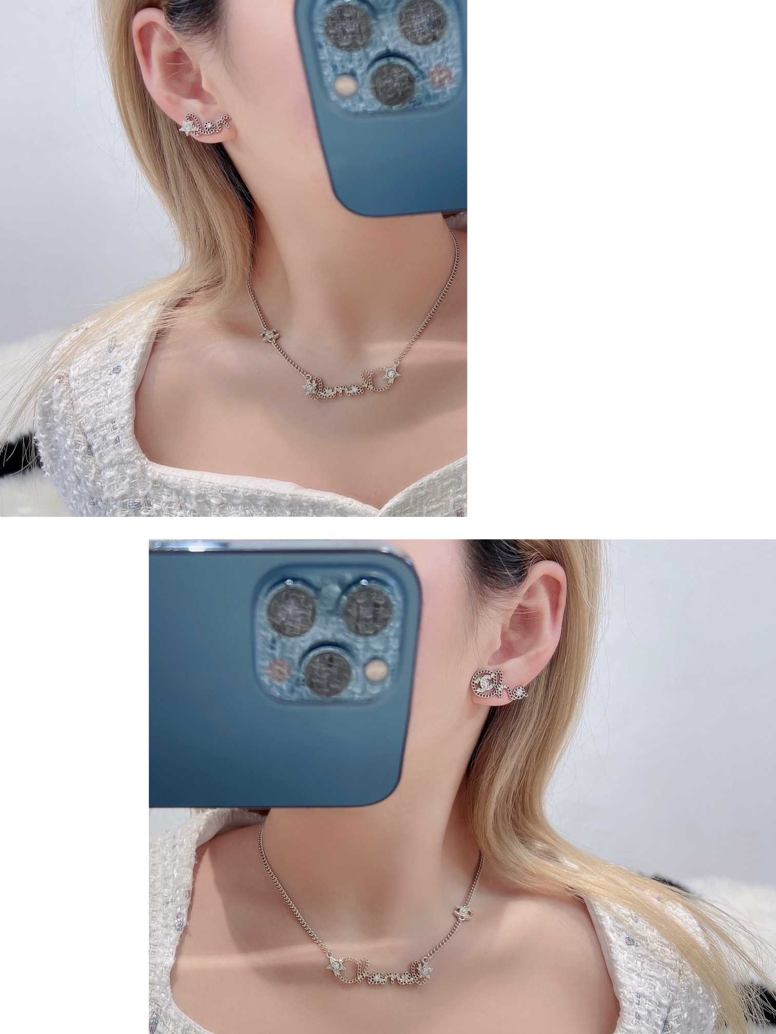 Luxury Gold Script Earrings and Necklace Set with Crystal Accents