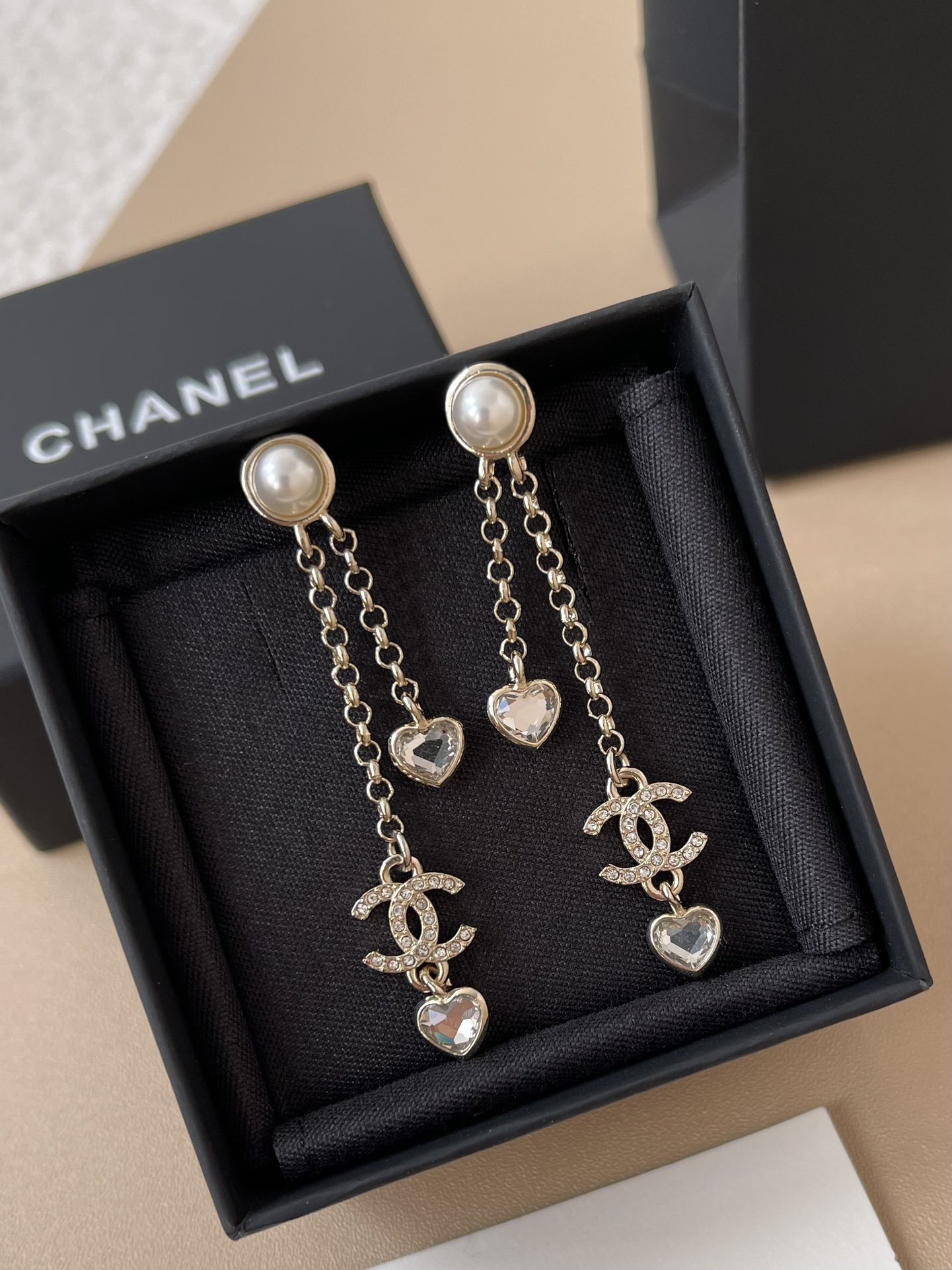 Chanel 25B Gold CC Logo Heart & Pearl Dangle Earrings