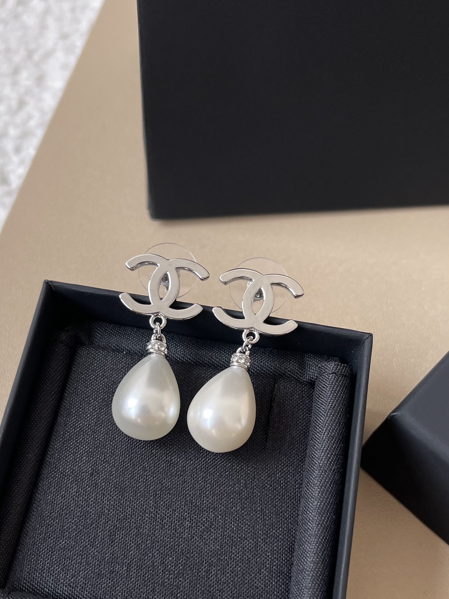 Chanel Silver CC Logo Teardrop Pearl Dangle Earrings - Luxury Jewelry