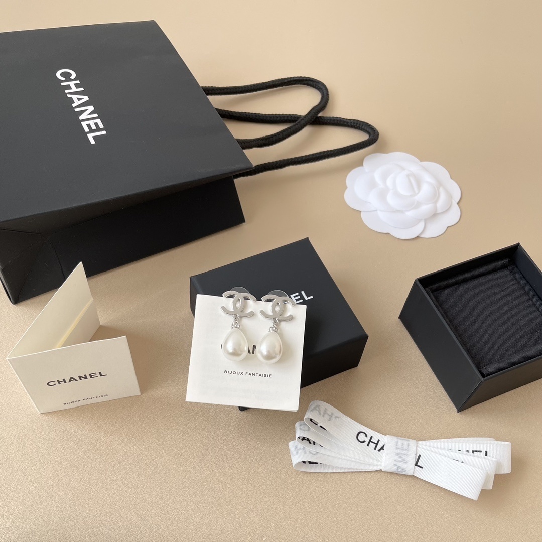 Chanel Silver CC Logo Teardrop Pearl Dangle Earrings - Luxury Jewelry