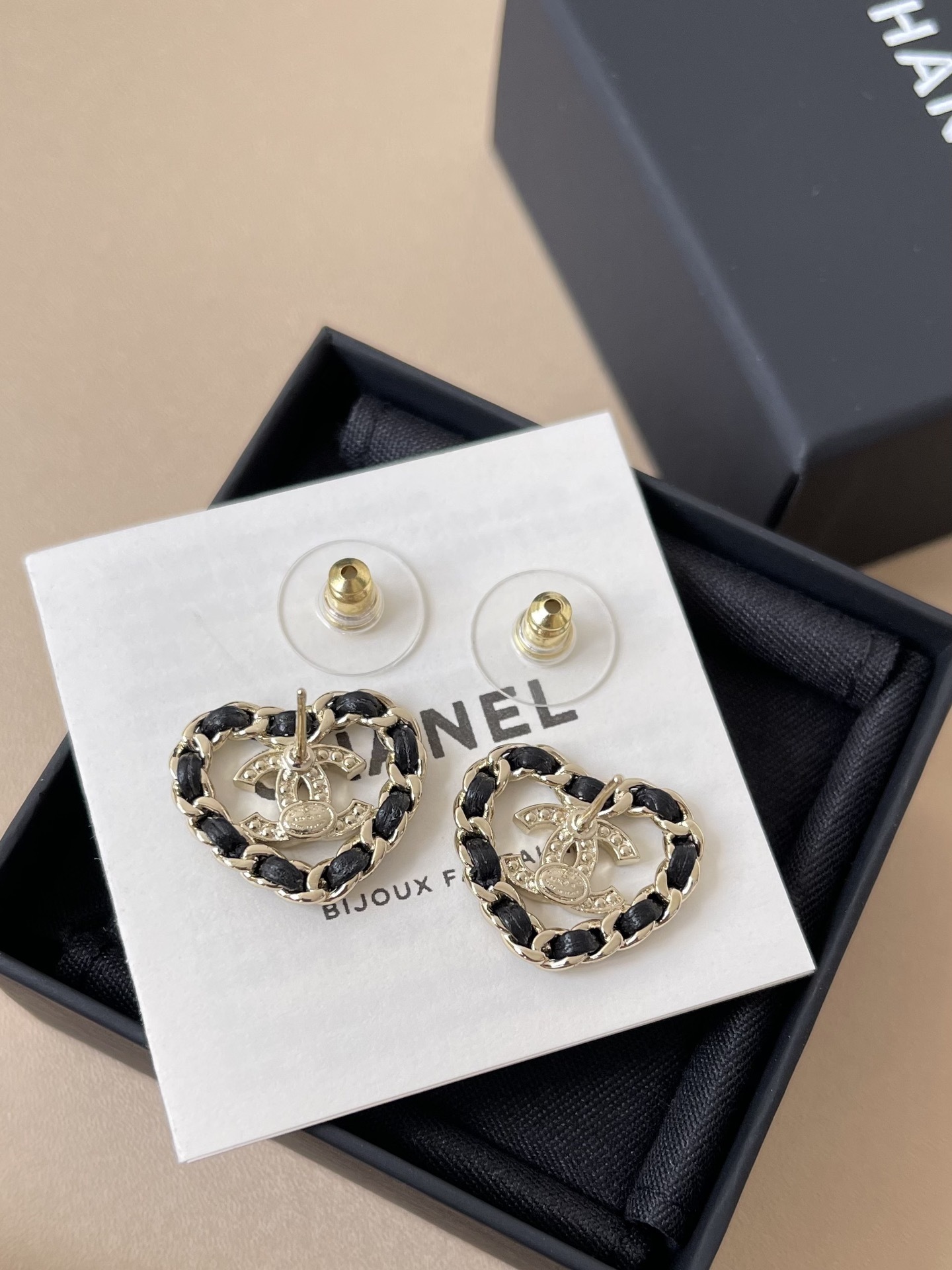 Luxury Chanel CC Heart Stud Earrings - Gold & Black Leather