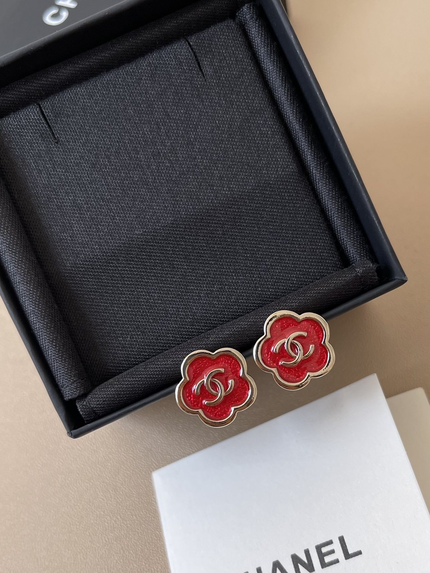 Luxury Chanel Red Camellia Enamel Stud Earrings - Gold CC Logo