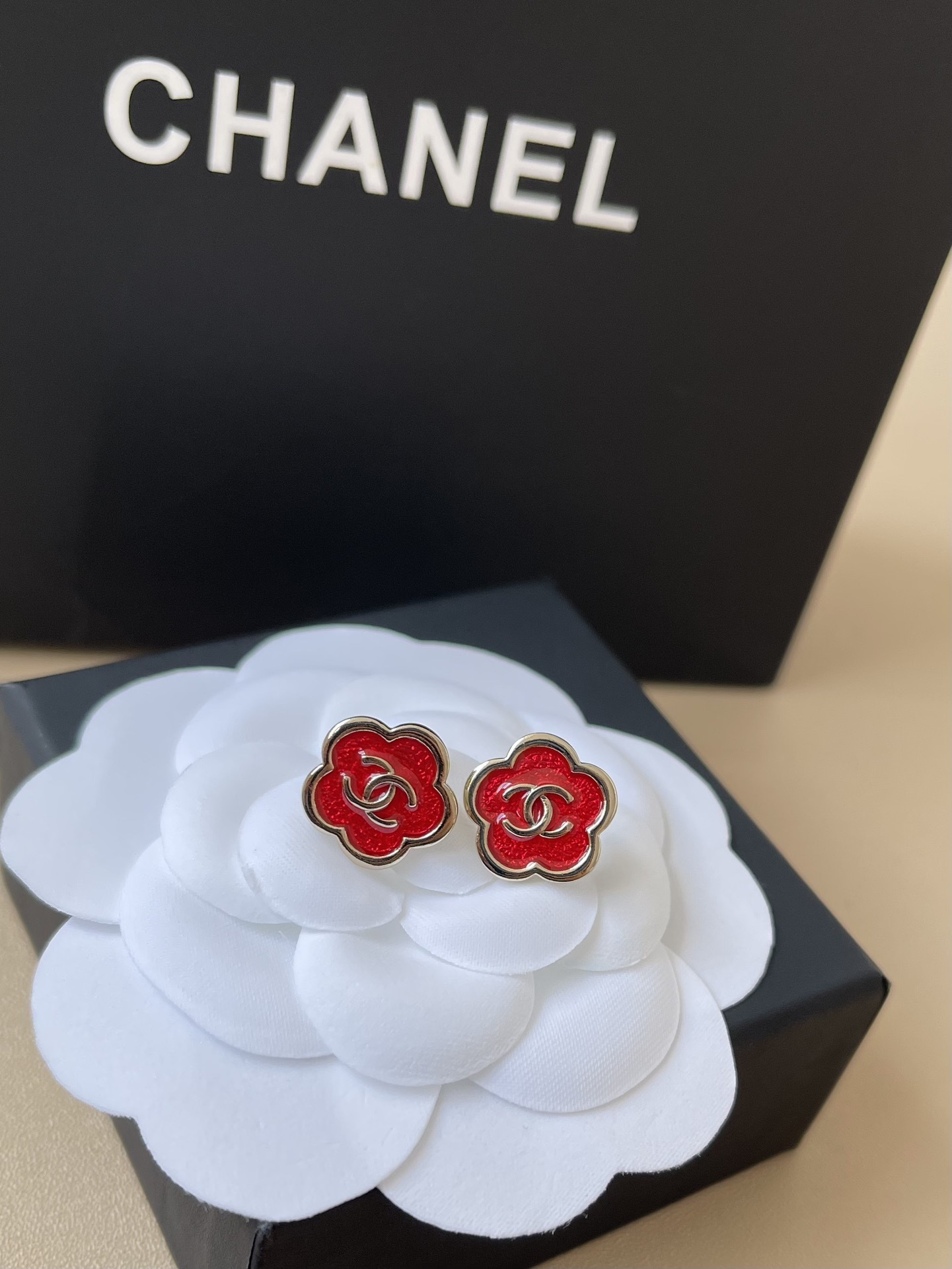 Luxury Chanel Red Camellia Enamel Stud Earrings - Gold CC Logo