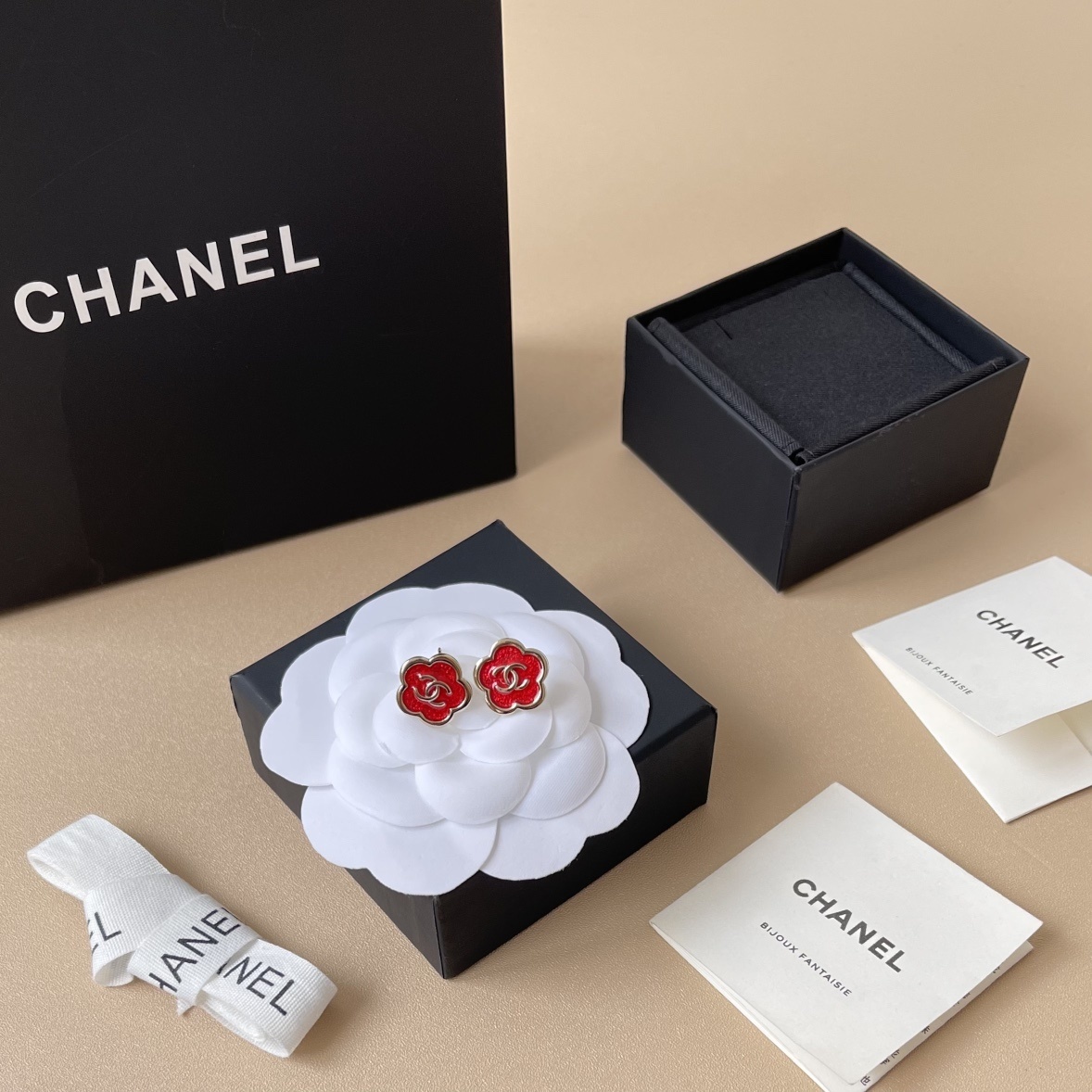Luxury Chanel Red Camellia Enamel Stud Earrings - Gold CC Logo