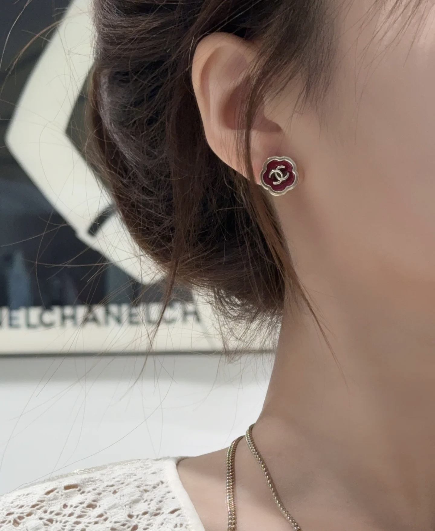 Luxury Chanel Red Camellia Enamel Stud Earrings - Gold CC Logo