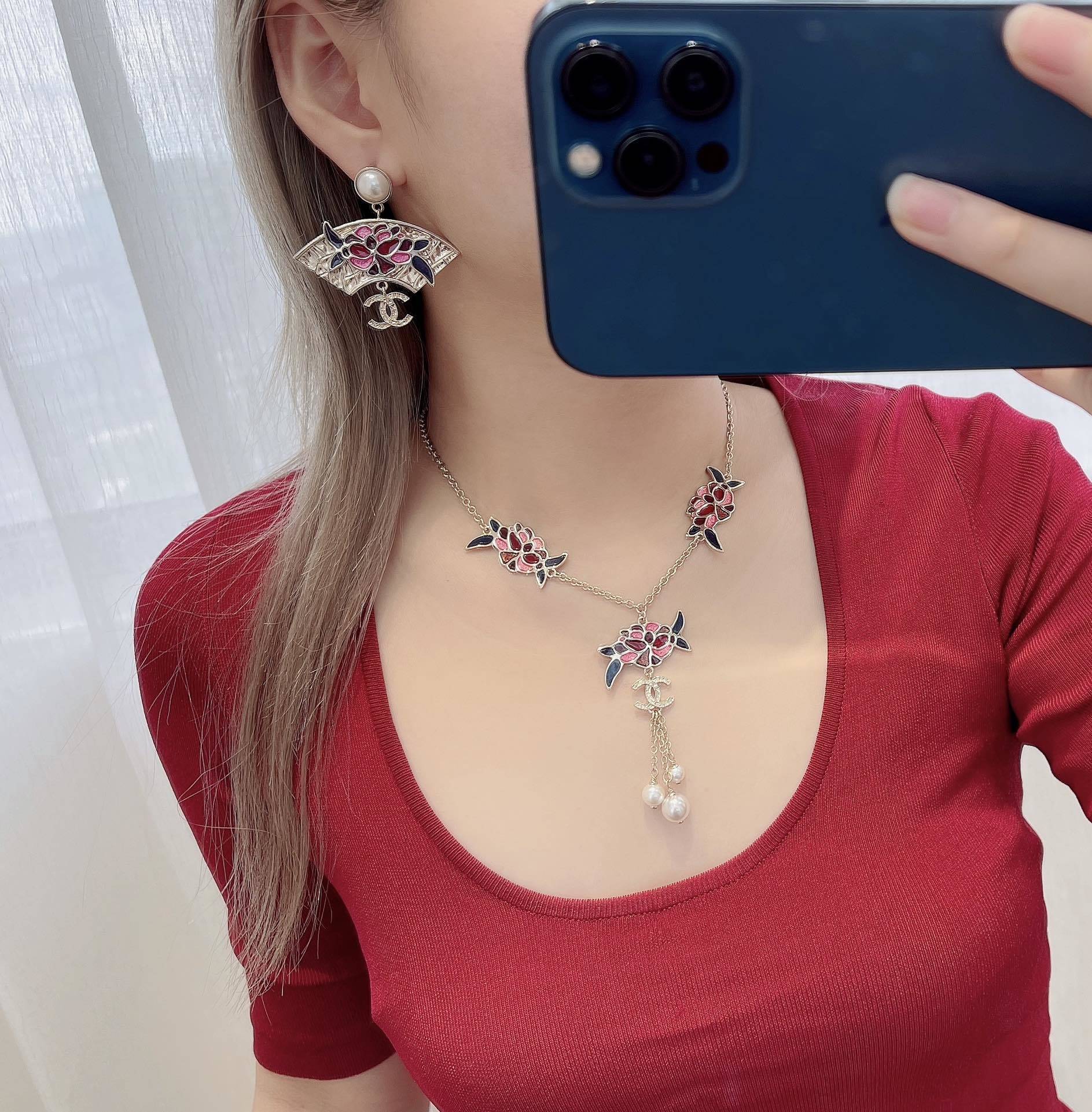 Chanel Fan-Shaped Pearl Earrings with Floral Enamel and CC Logo