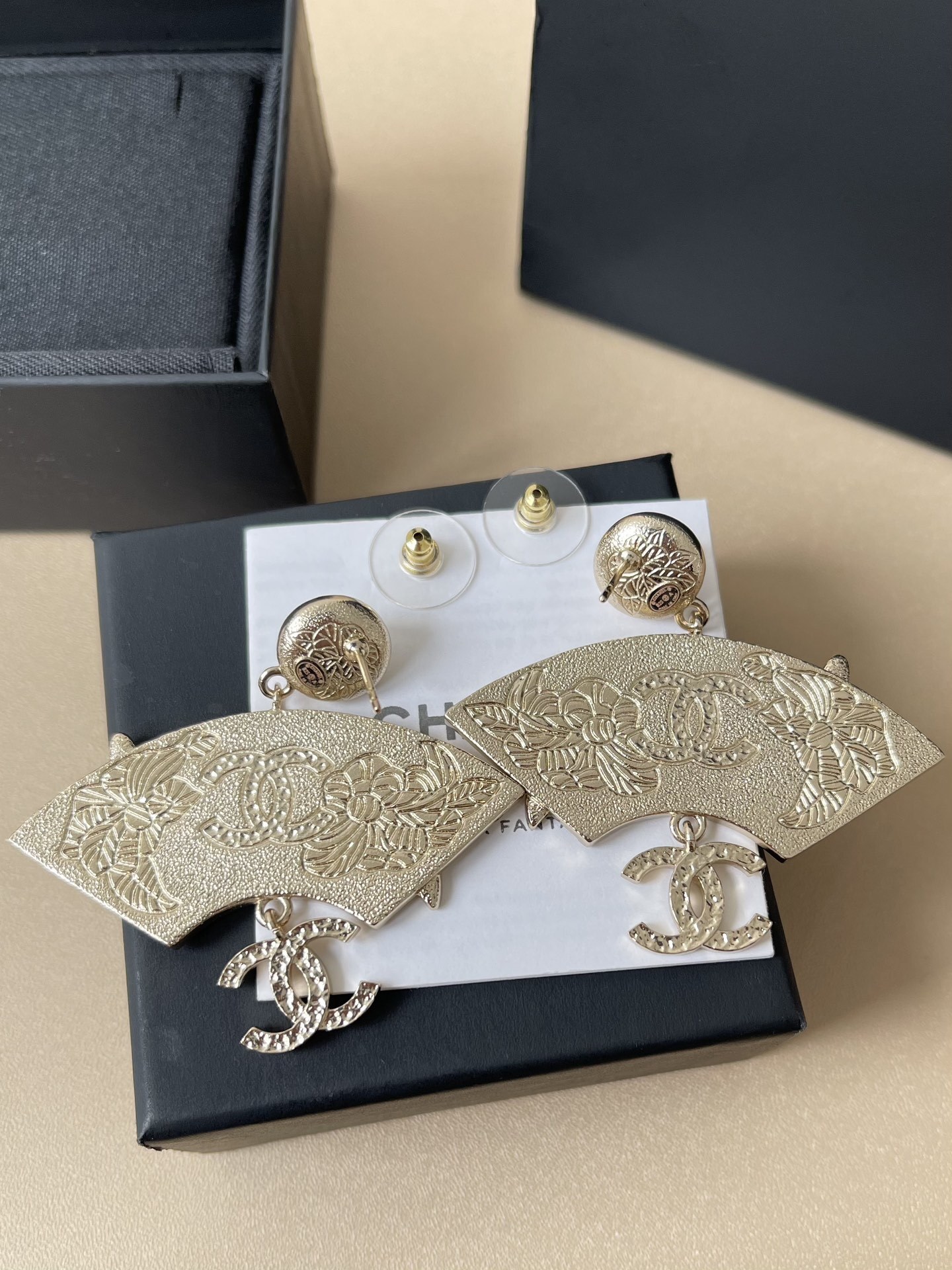 Chanel Fan-Shaped Pearl Earrings with Floral Enamel and CC Logo