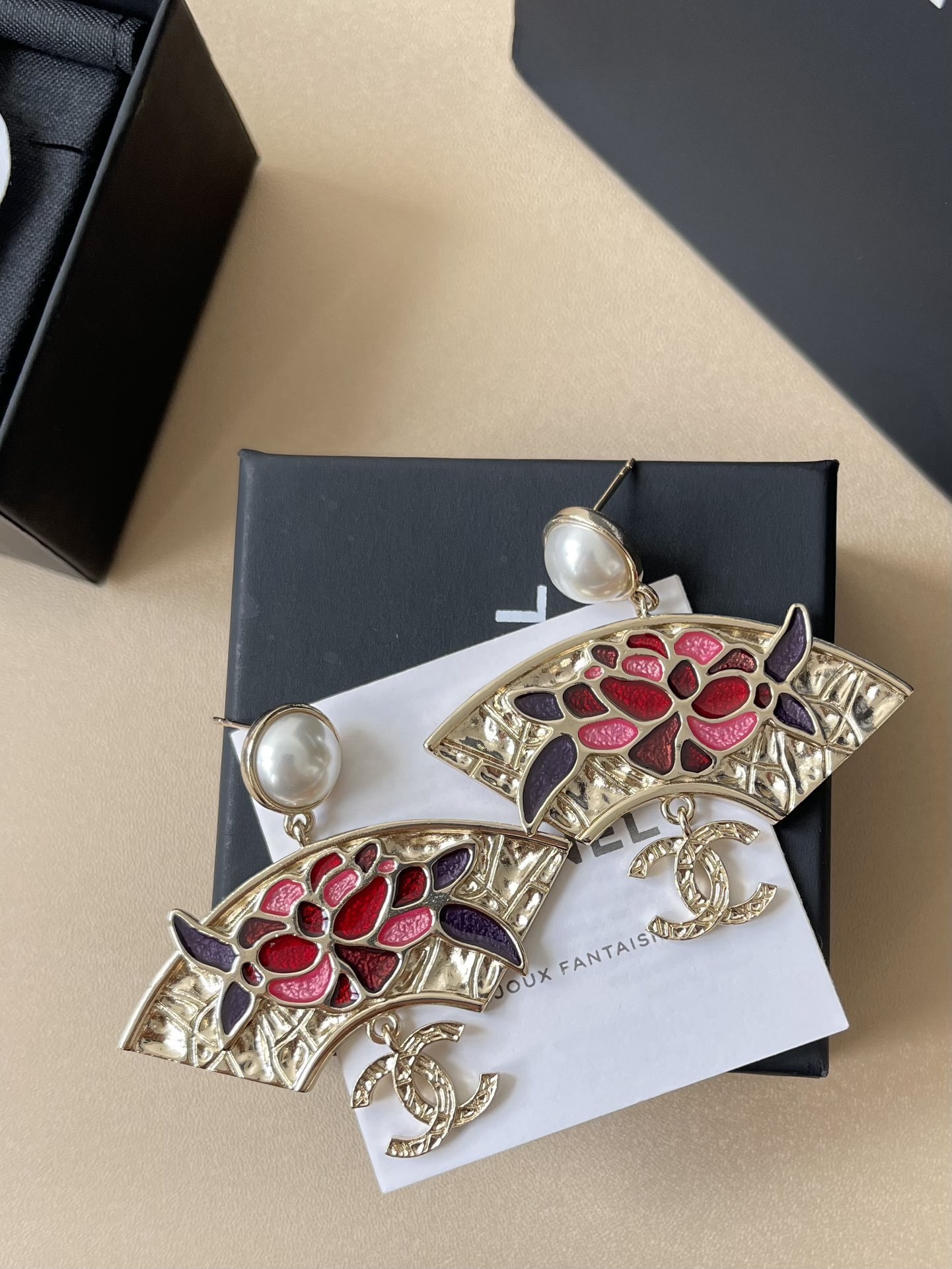 Chanel Fan-Shaped Pearl Earrings with Floral Enamel and CC Logo
