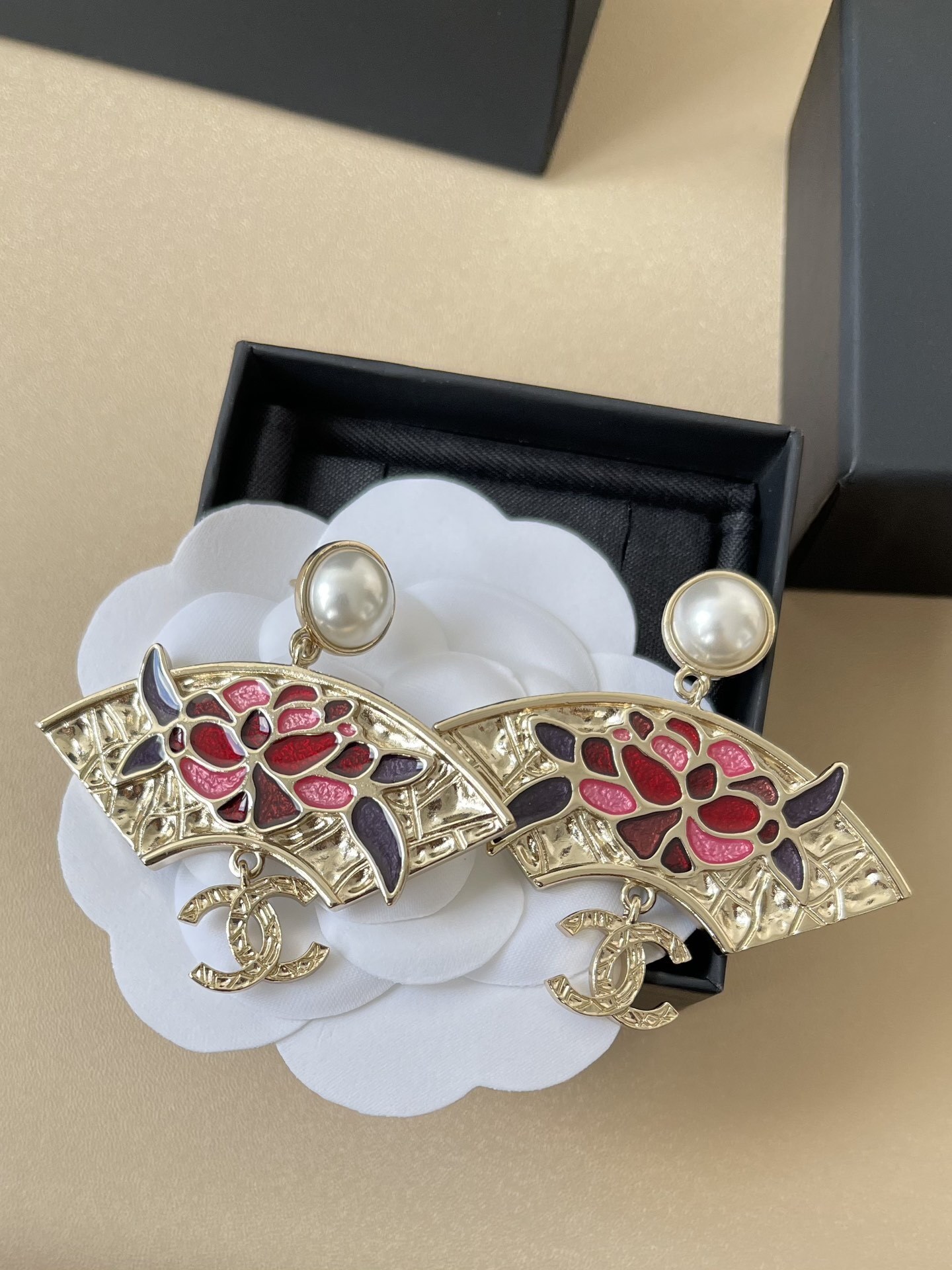 Chanel Fan-Shaped Pearl Earrings with Floral Enamel and CC Logo
