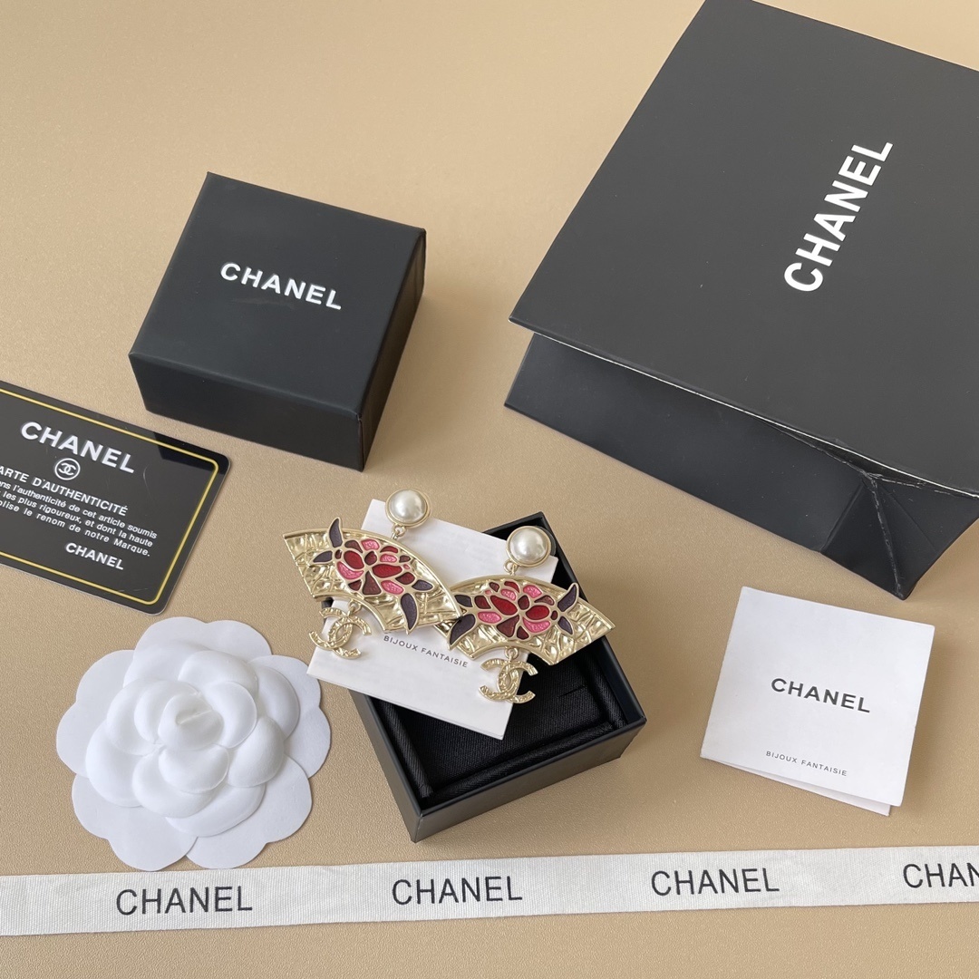 Chanel Fan-Shaped Pearl Earrings with Floral Enamel and CC Logo