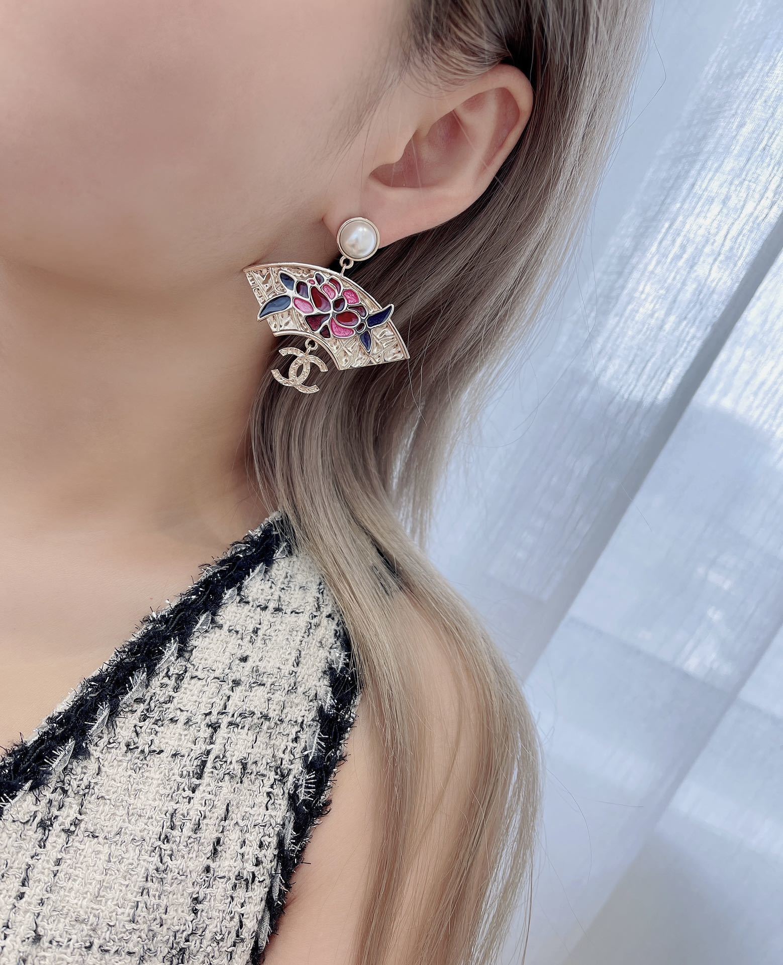 Chanel Fan-Shaped Pearl Earrings with Floral Enamel and CC Logo
