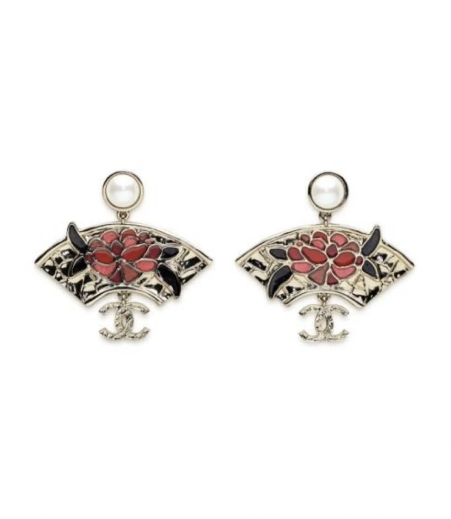 Chanel Fan-Shaped Pearl Earrings with Floral Enamel and CC Logo