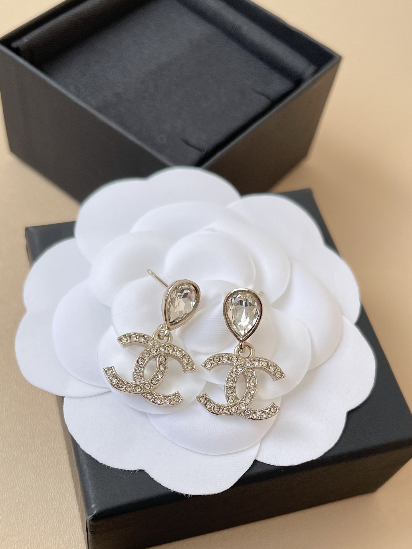 Elegant Teardrop Crystal Double C Logo Drop Earrings for Women