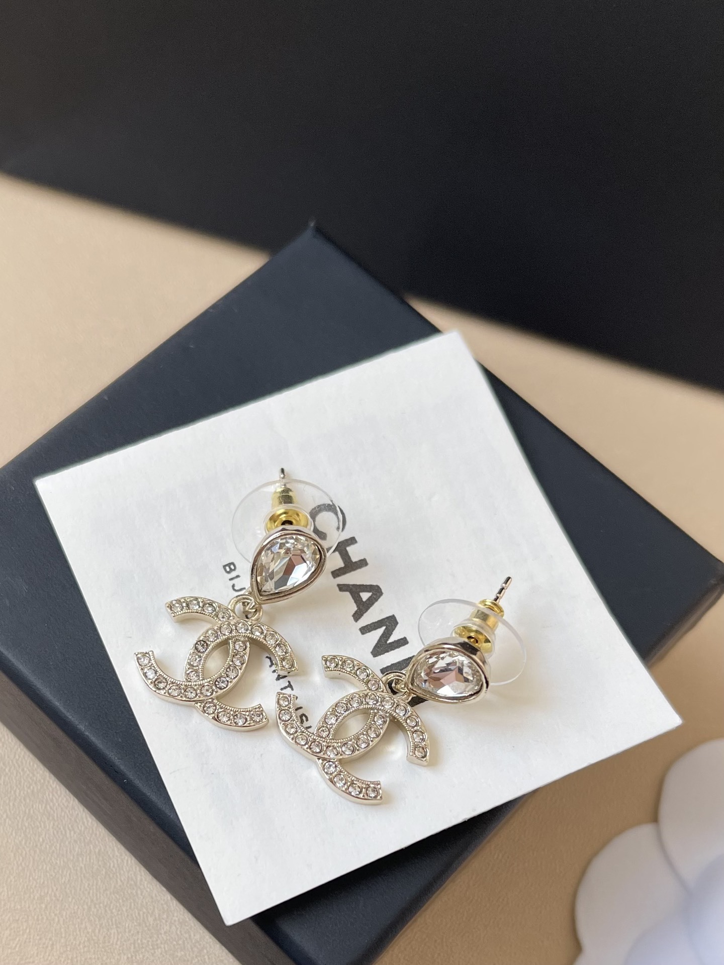 Elegant Teardrop Crystal Double C Logo Drop Earrings for Women