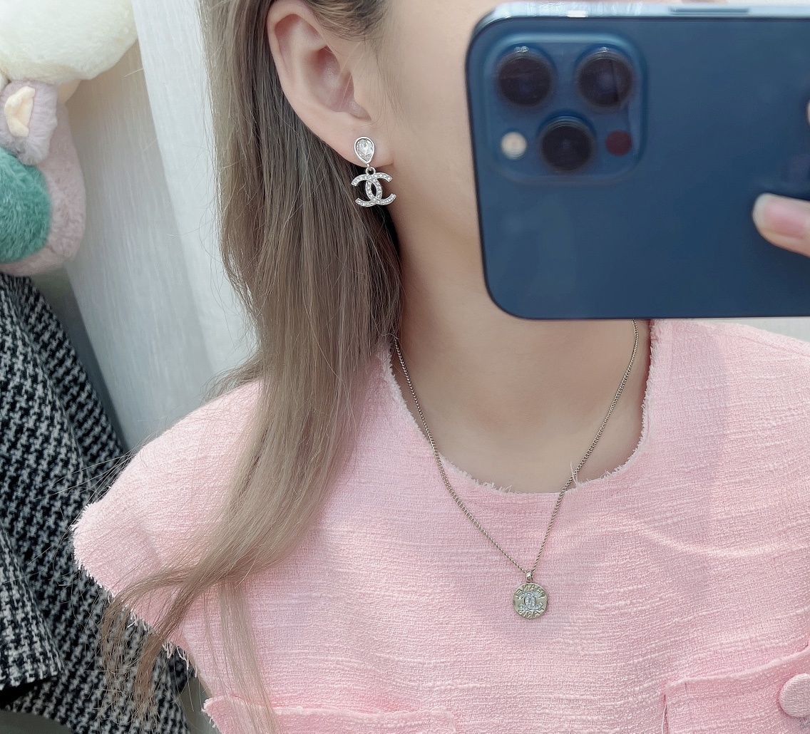 Elegant Teardrop Crystal Double C Logo Drop Earrings for Women