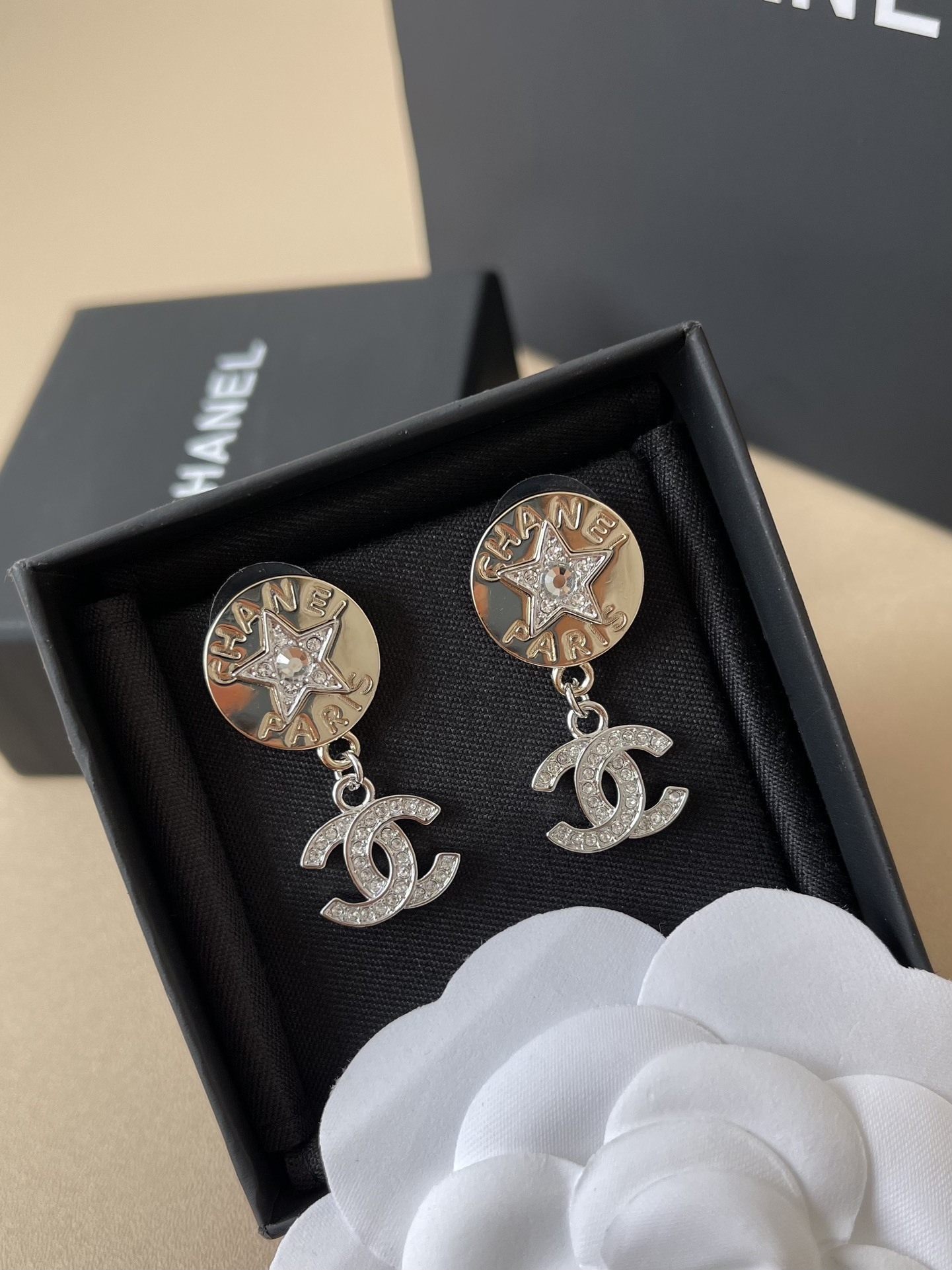 Chanel Crystal Star and CC Logo Dangle Earrings - Elegant Jewelry