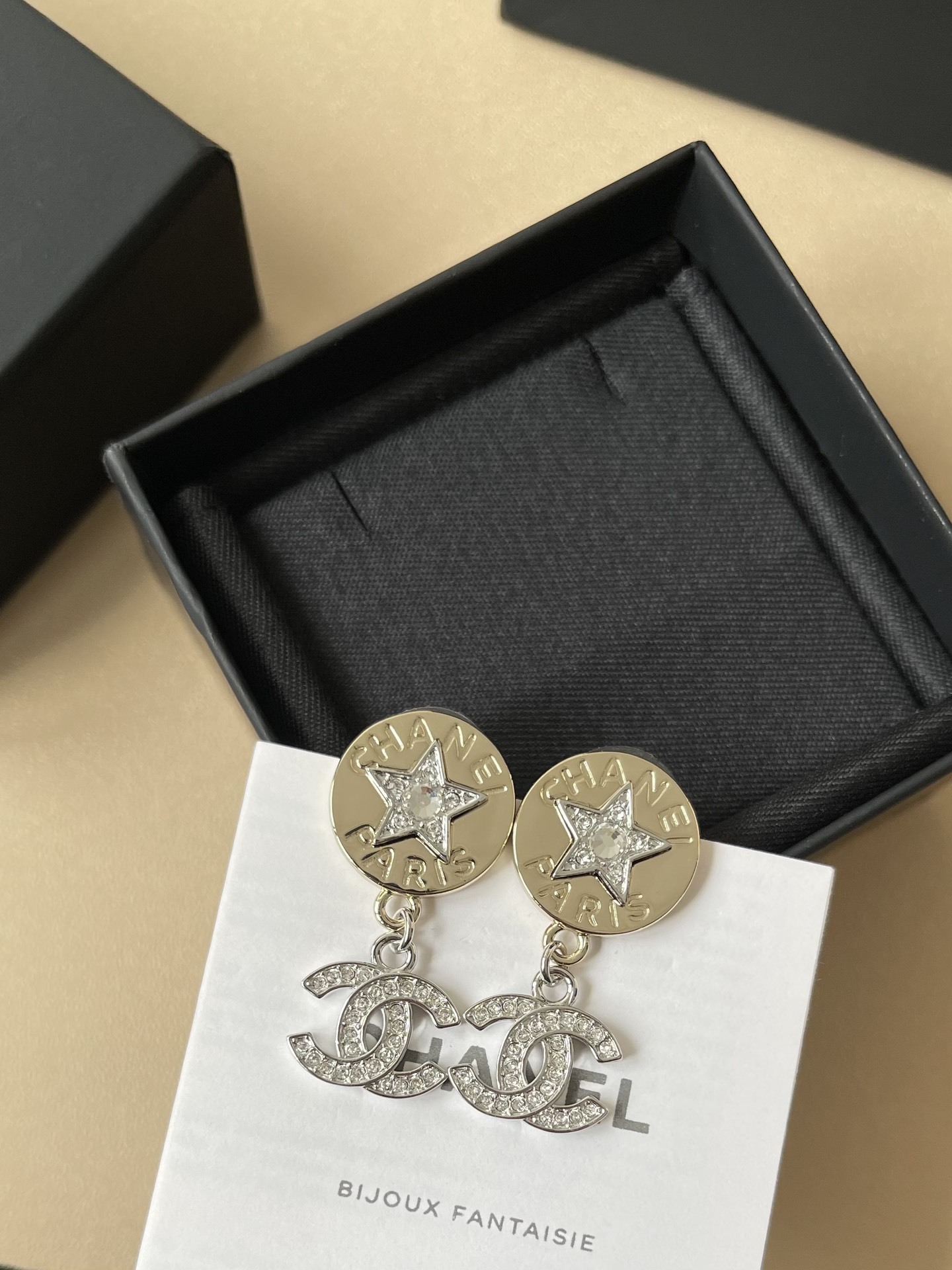 Chanel Crystal Star and CC Logo Dangle Earrings - Elegant Jewelry