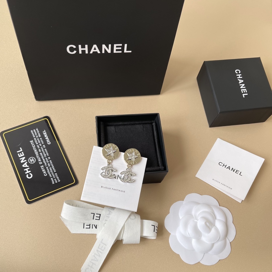 Chanel Crystal Star and CC Logo Dangle Earrings - Elegant Jewelry