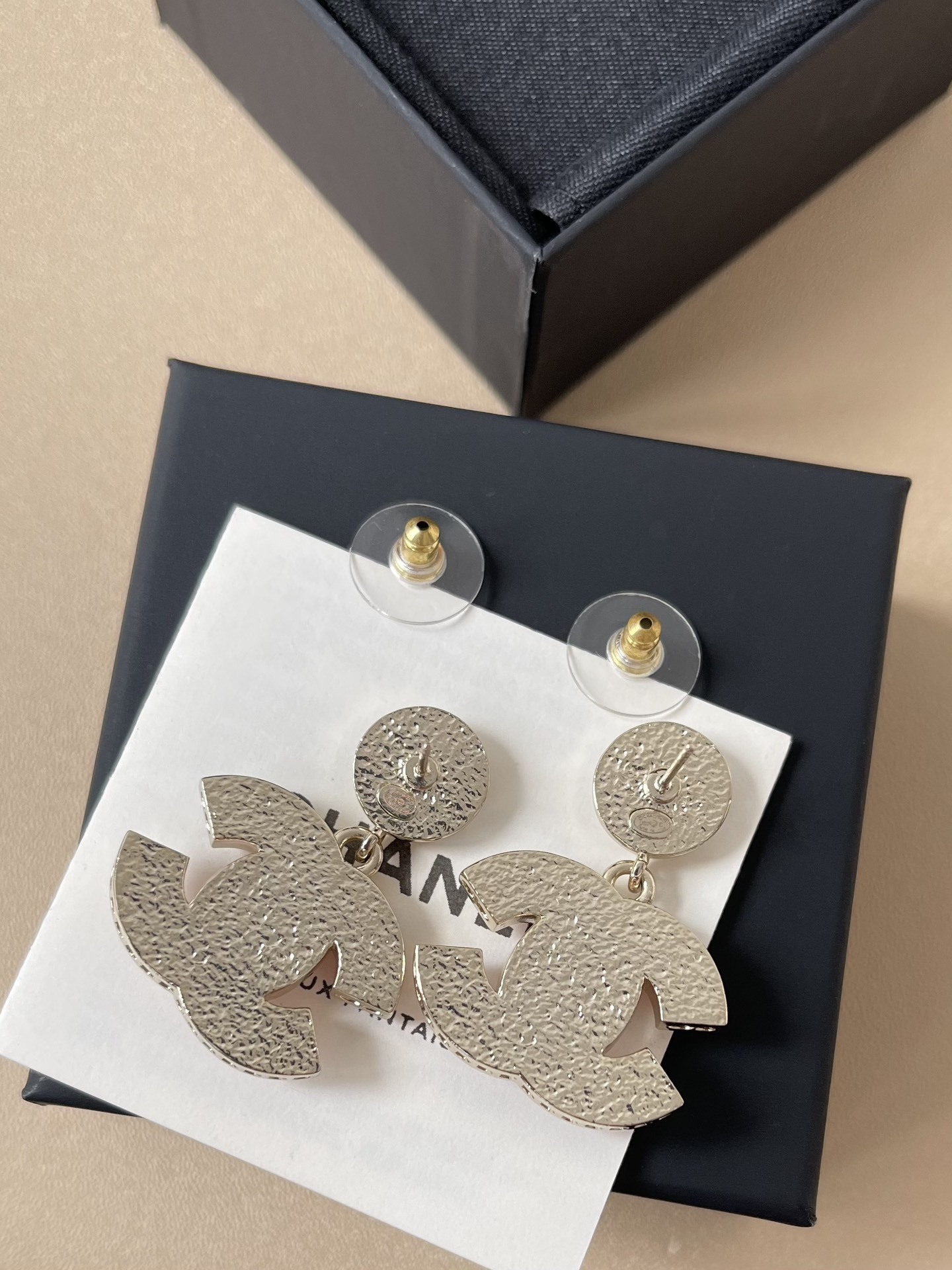 Elegant Pink Enamel Double C Drop Earrings in Gold Tone