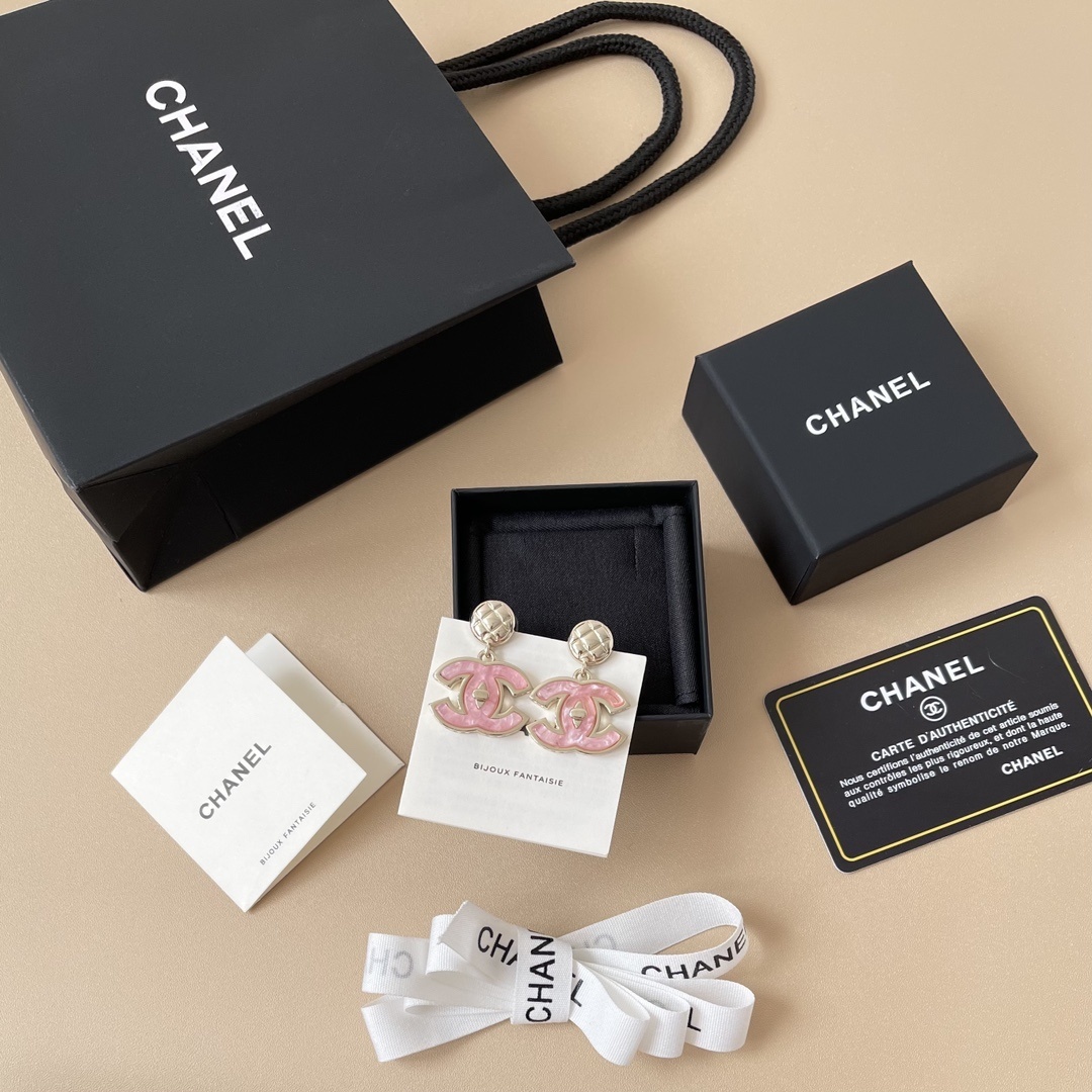 Elegant Pink Enamel Double C Drop Earrings in Gold Tone